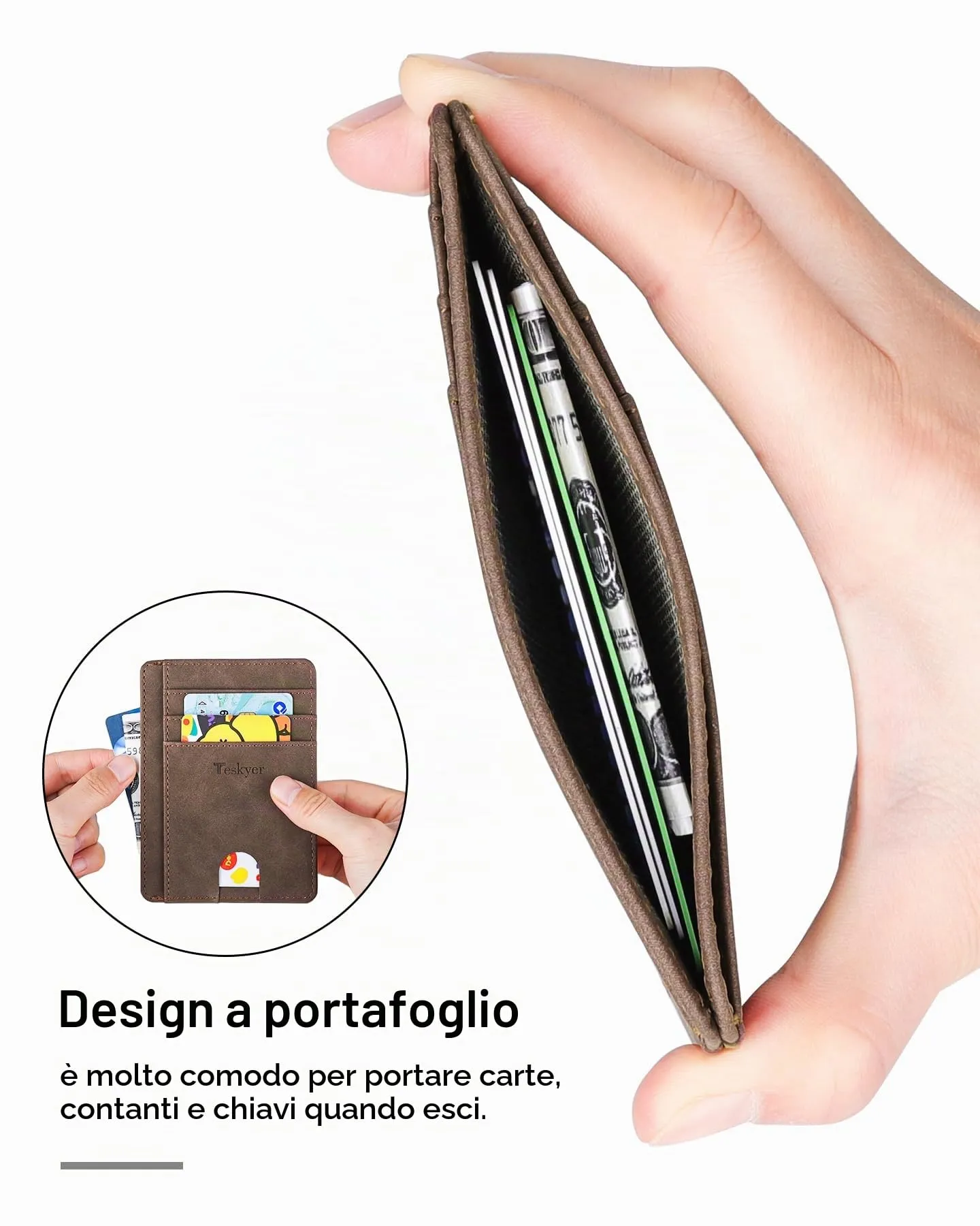 Teskyer Portafoglio Porta Carte di Credito Uomo, Protezione RFID, Design Minimalista, Marrone - immagine 3