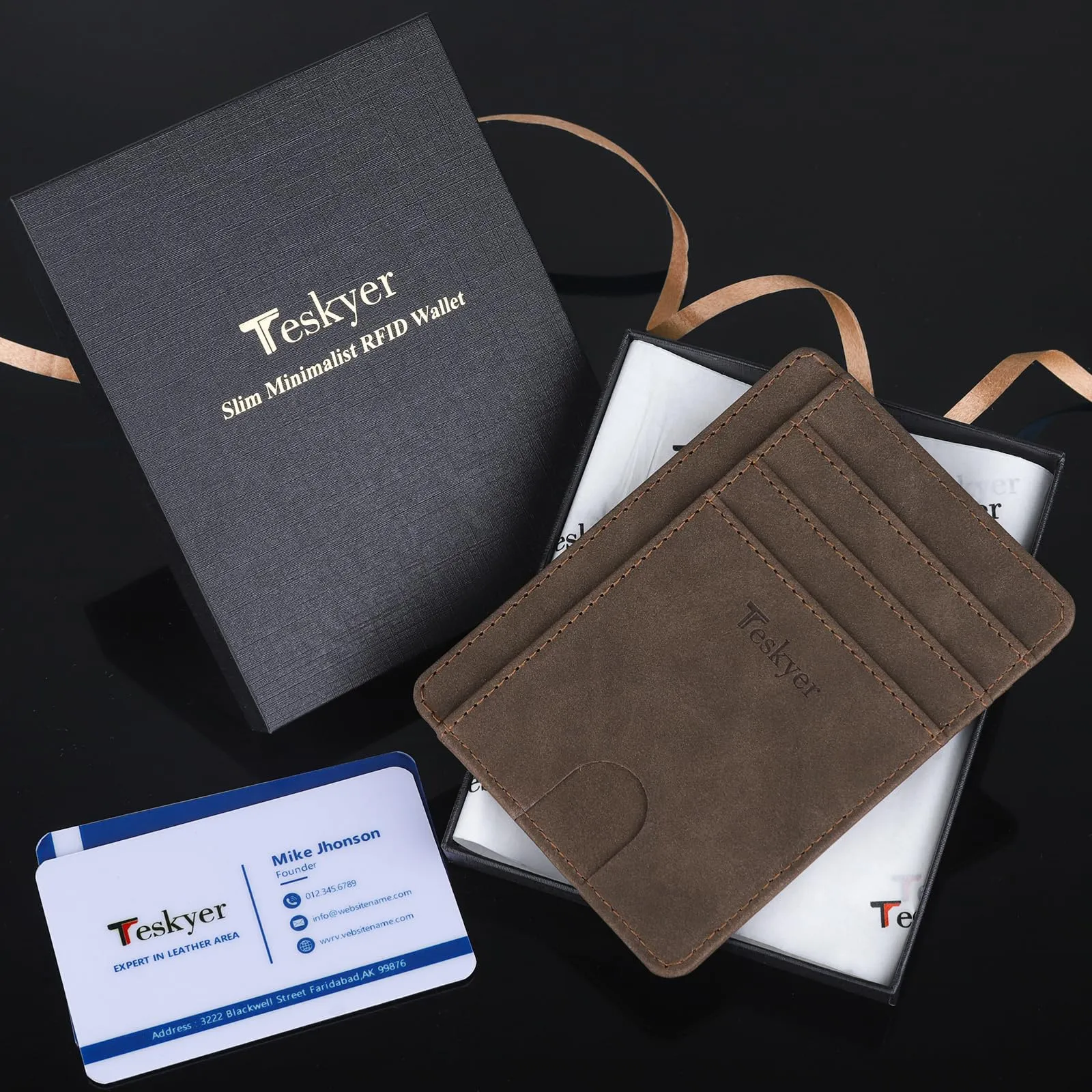Teskyer Portafoglio Porta Carte di Credito Uomo, Protezione RFID, Design Minimalista, Marrone - immagine 7