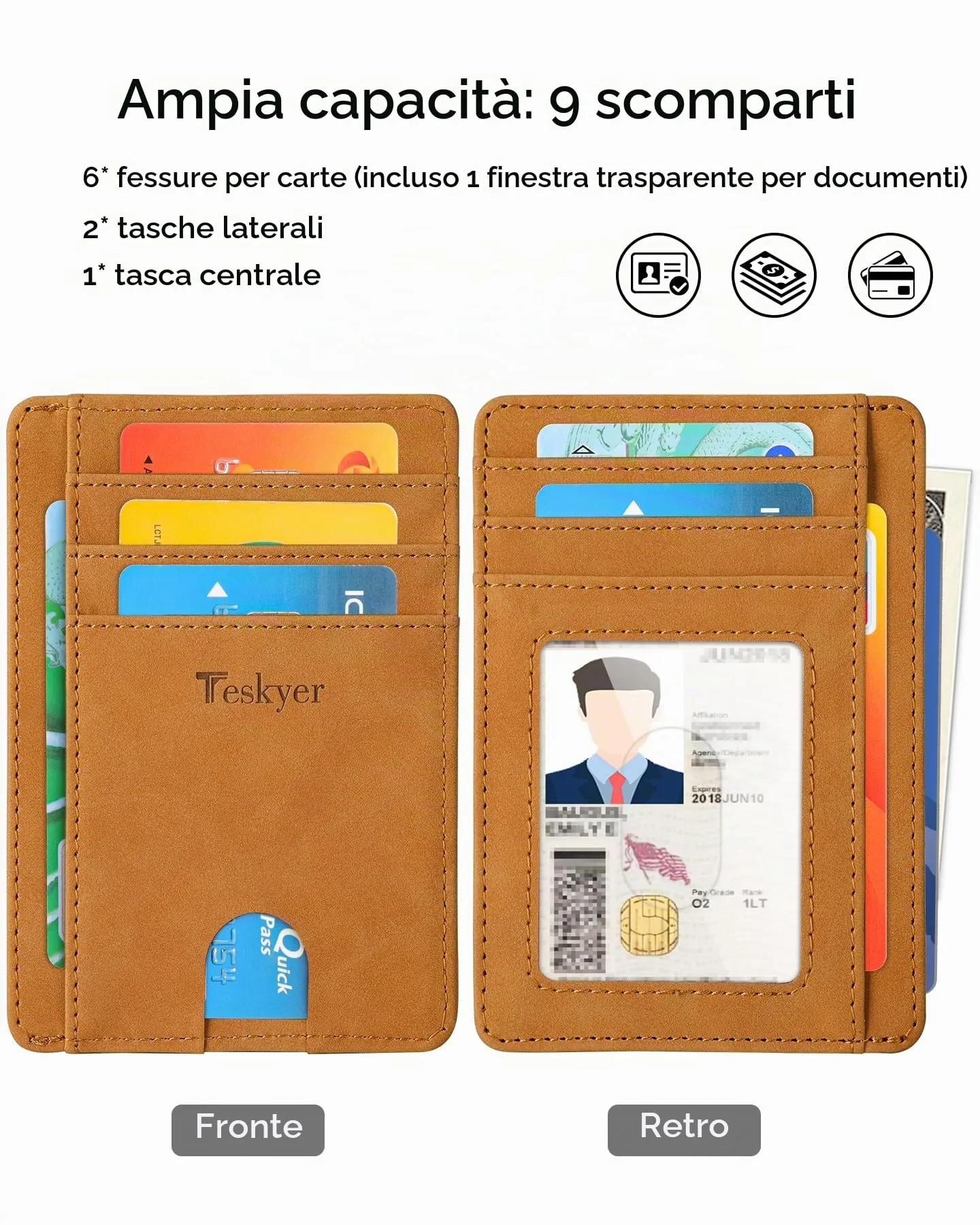 Teskyer Portafoglio Porta Carte Credito Uomo RFID, Design Minimalista, Marrone Chiaro - immagine 2