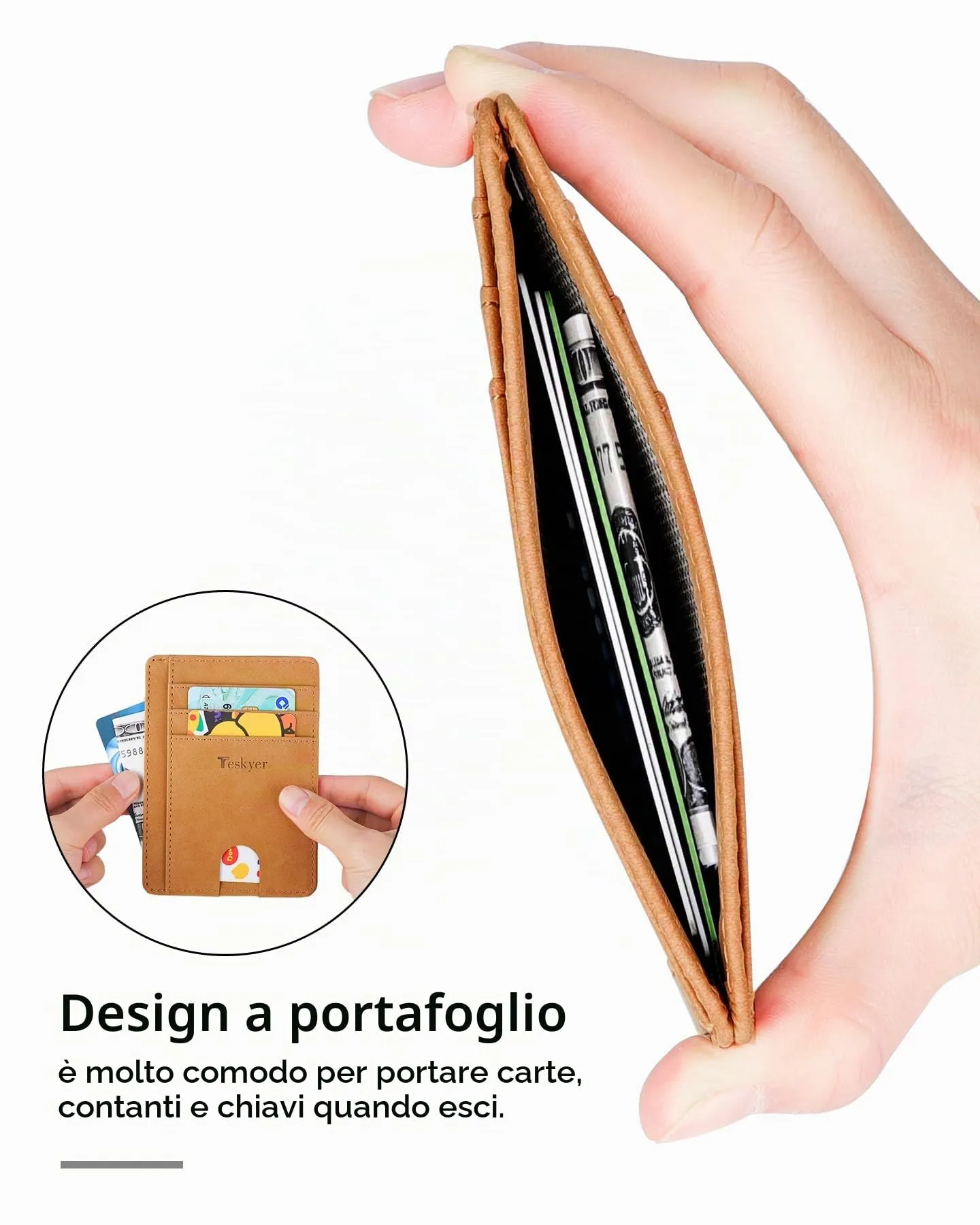 Teskyer Portafoglio Porta Carte Credito Uomo RFID, Design Minimalista, Marrone Chiaro - immagine 3