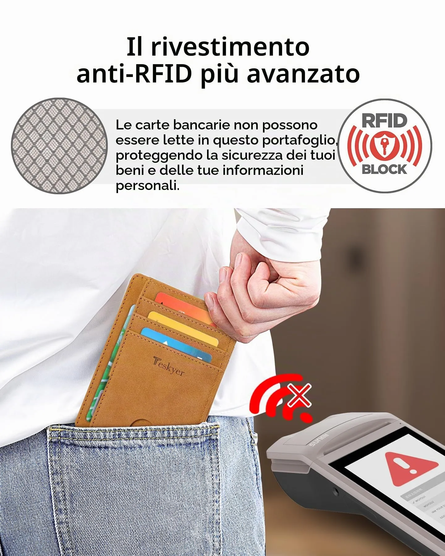 Teskyer Portafoglio Porta Carte Credito Uomo RFID, Design Minimalista, Marrone Chiaro - immagine 5