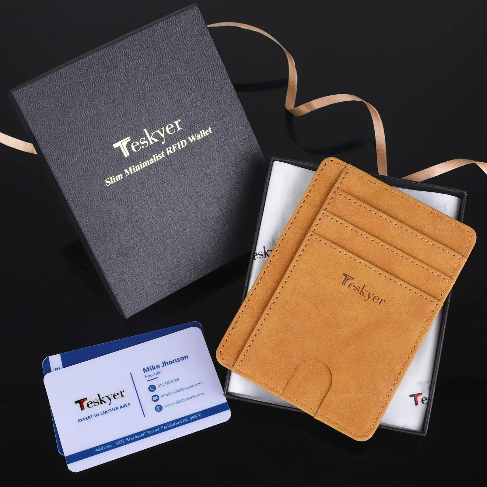 Teskyer Portafoglio Porta Carte Credito Uomo RFID, Design Minimalista, Marrone Chiaro - immagine 7