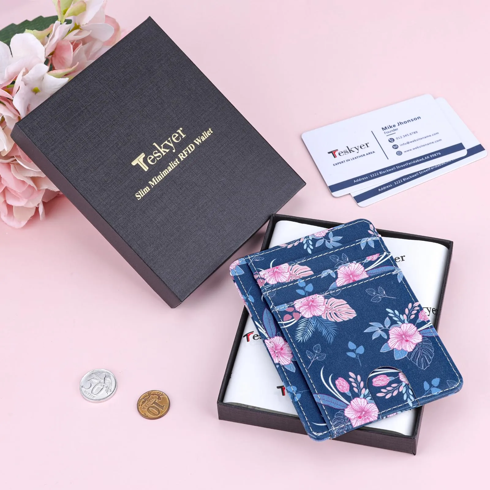 Teskyer Portafoglio Donna Piccolo e Sottile con Protezione RFID, Design Minimalista Fiore di Ciliegio - immagine 7
