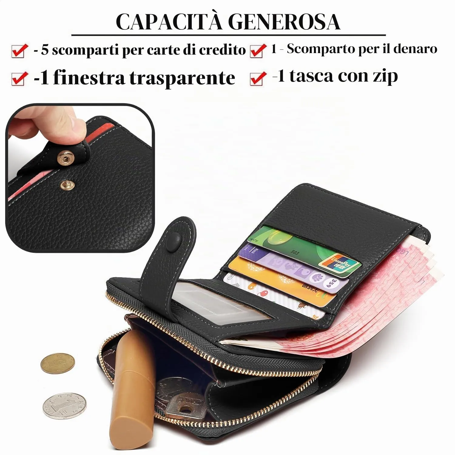 ANYWN Portafoglio Donna Piccolo in Pelle Morbida con Zip Portamonete, Nero - immagine 2