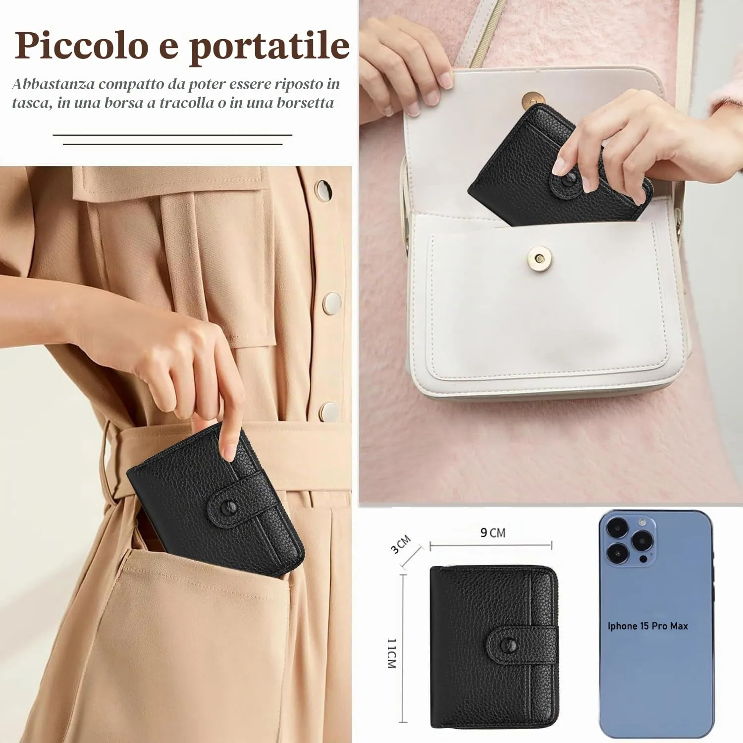 ANYWN Portafoglio Donna Piccolo in Pelle Morbida con Zip Portamonete, Nero - immagine 4
