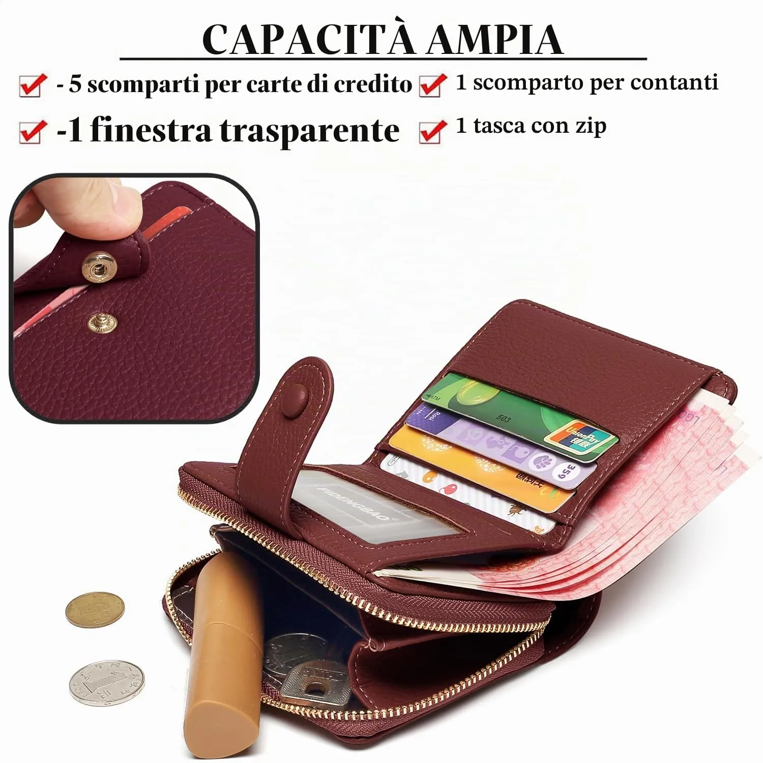 ANYWN Portafoglio Donna Piccolo in Pelle Morbida con Zip e Blocco RFID, Bordeaux - immagine 2
