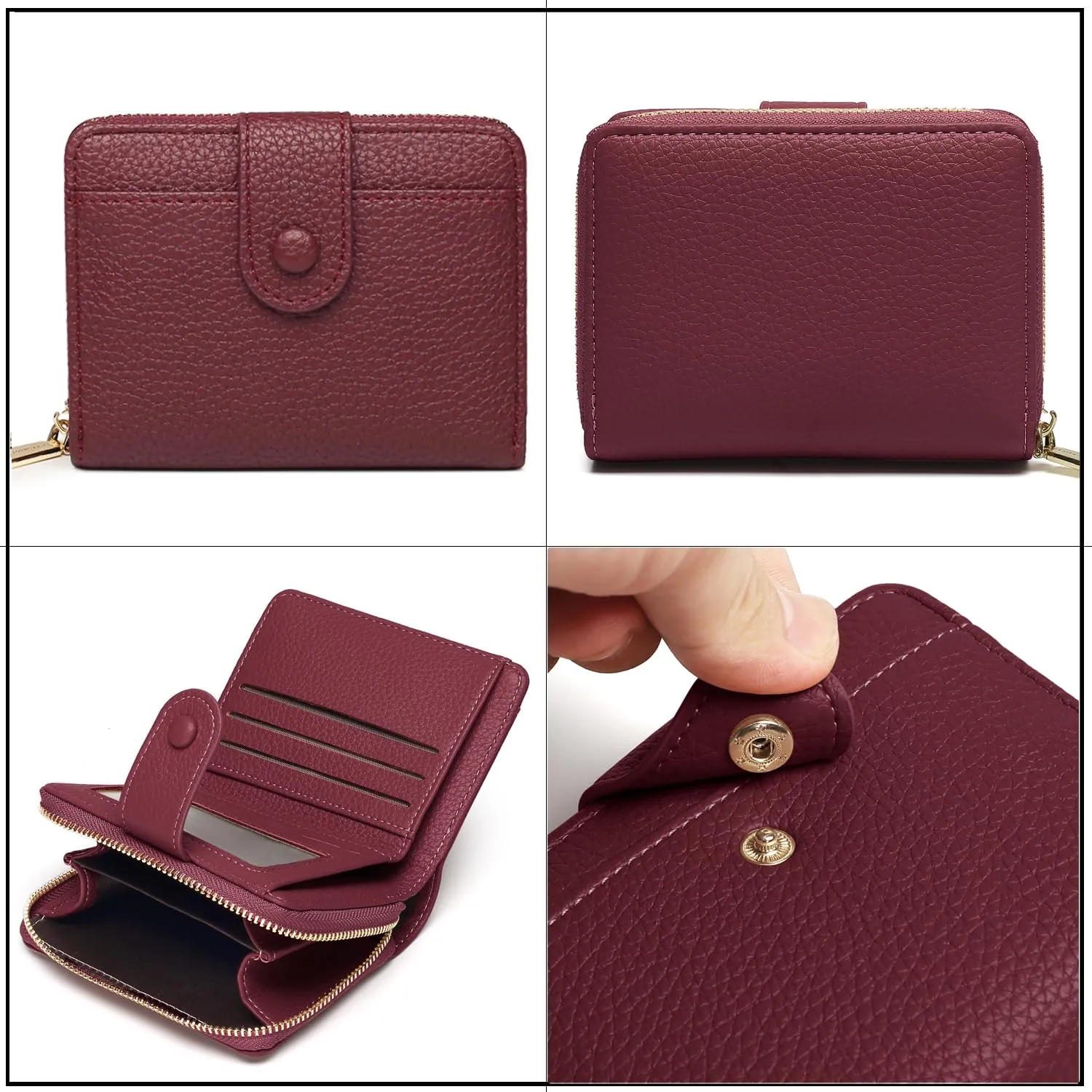 ANYWN Portafoglio Donna Piccolo in Pelle Morbida con Zip e Blocco RFID, Bordeaux - immagine 3