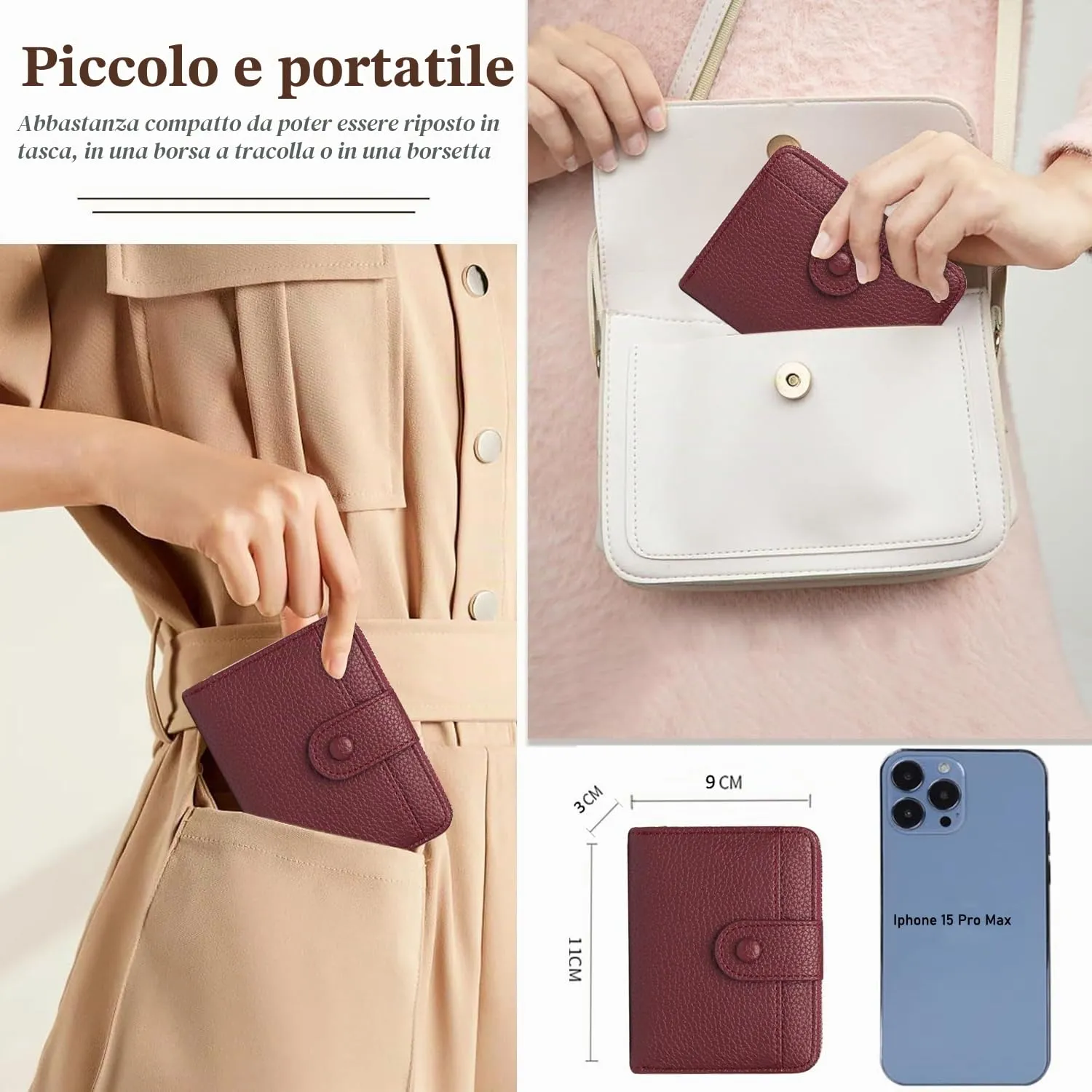 ANYWN Portafoglio Donna Piccolo in Pelle Morbida con Zip e Blocco RFID, Bordeaux - immagine 4