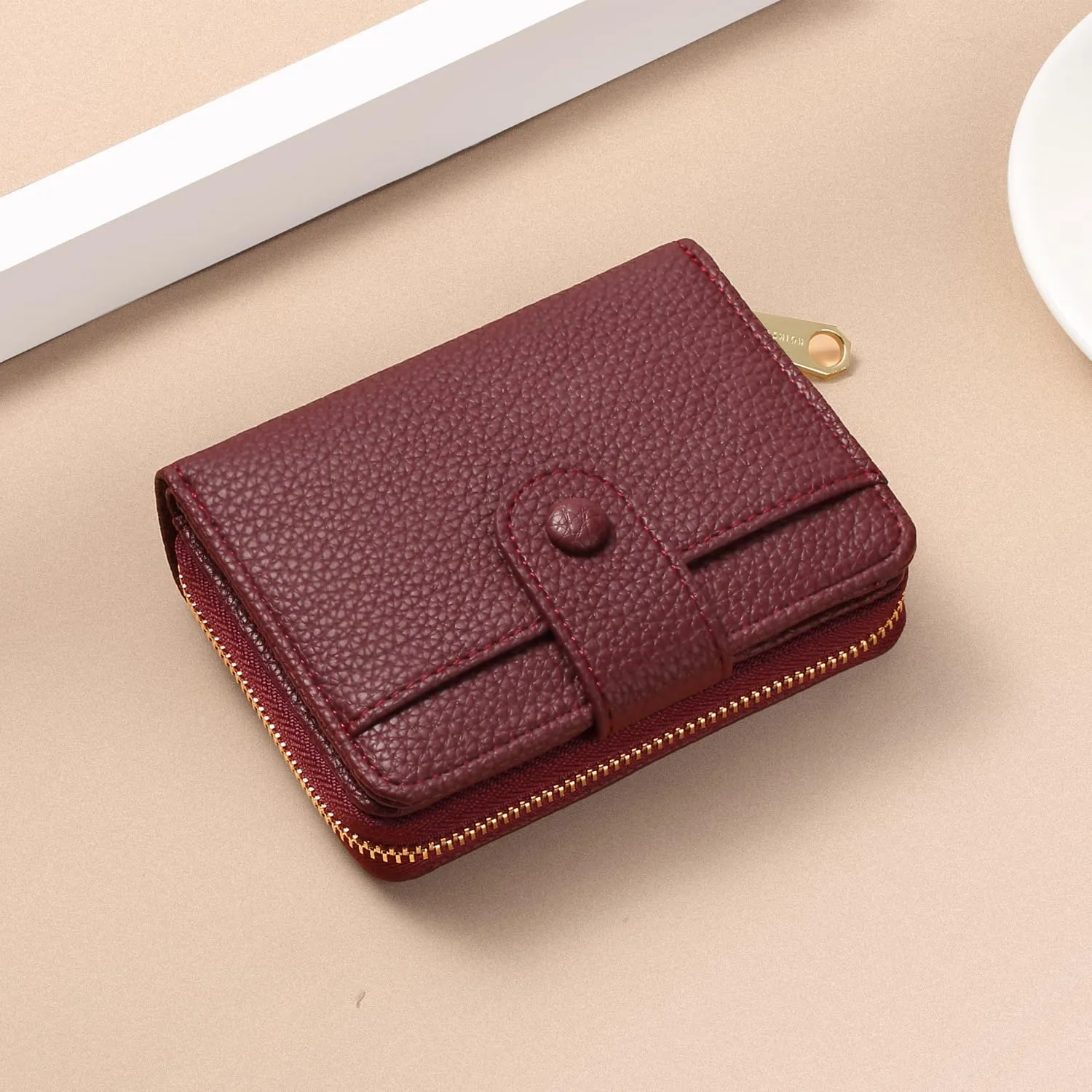 ANYWN Portafoglio Donna Piccolo in Pelle Morbida con Zip e Blocco RFID, Bordeaux - immagine 5