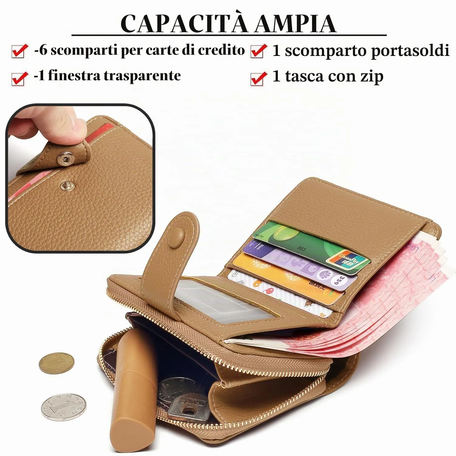 ANYWN Portafoglio Donna Piccolo in Pelle Morbida con Zip Portamonete, Marrone - immagine 2