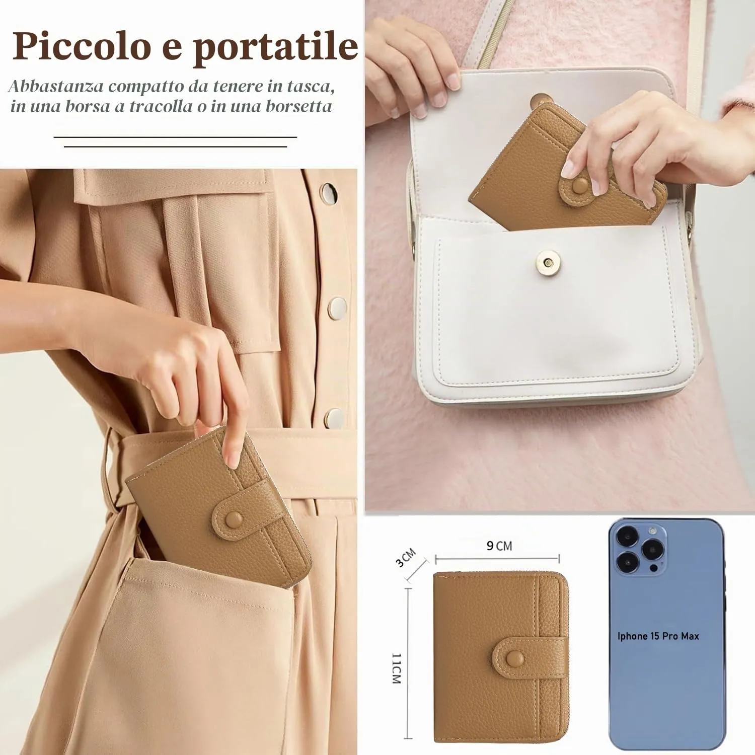 ANYWN Portafoglio Donna Piccolo in Pelle Morbida con Zip Portamonete, Marrone - immagine 4