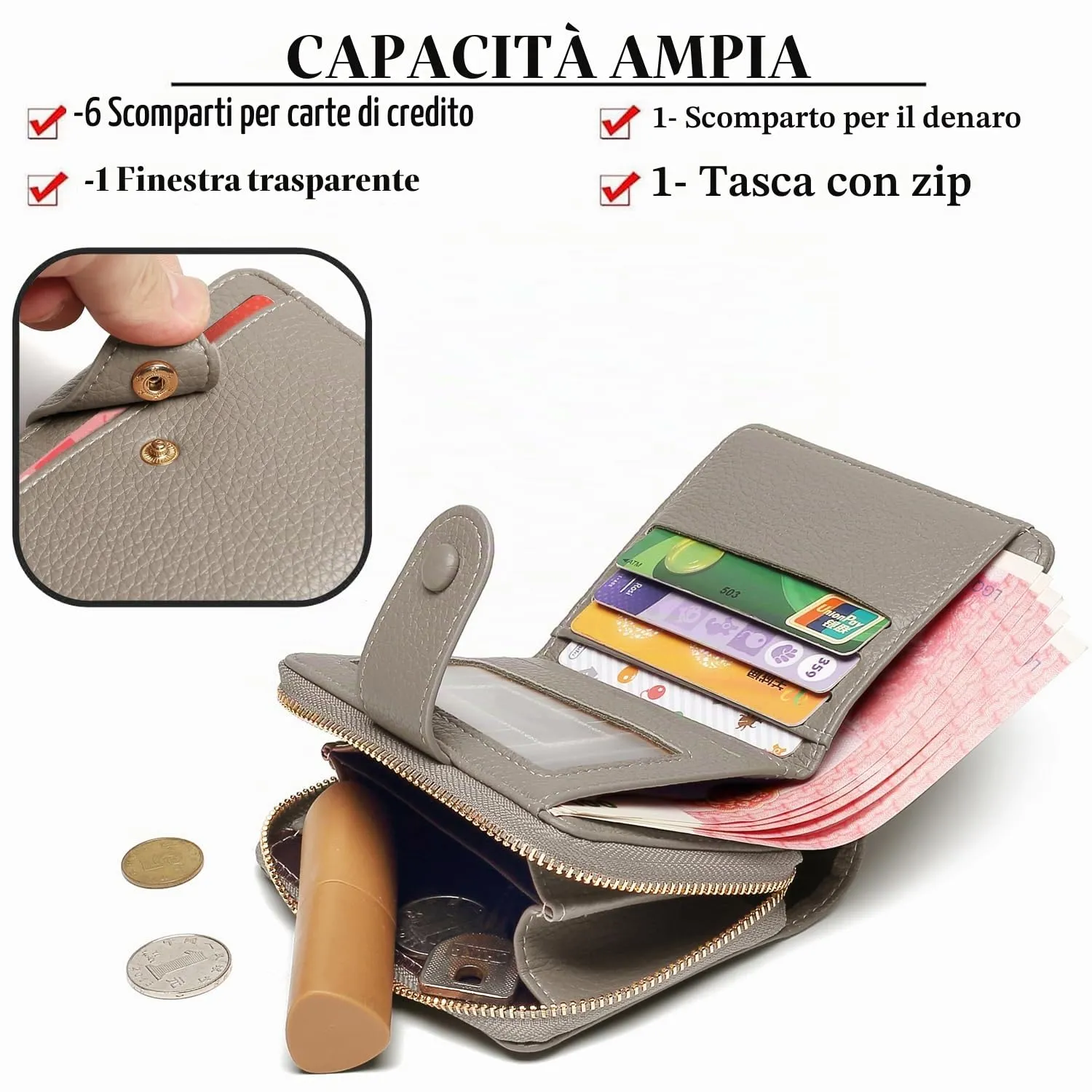 ANYWN Portafoglio Donna Piccolo in Pelle Morbida con Zip Portamonete, Grigio - immagine 2
