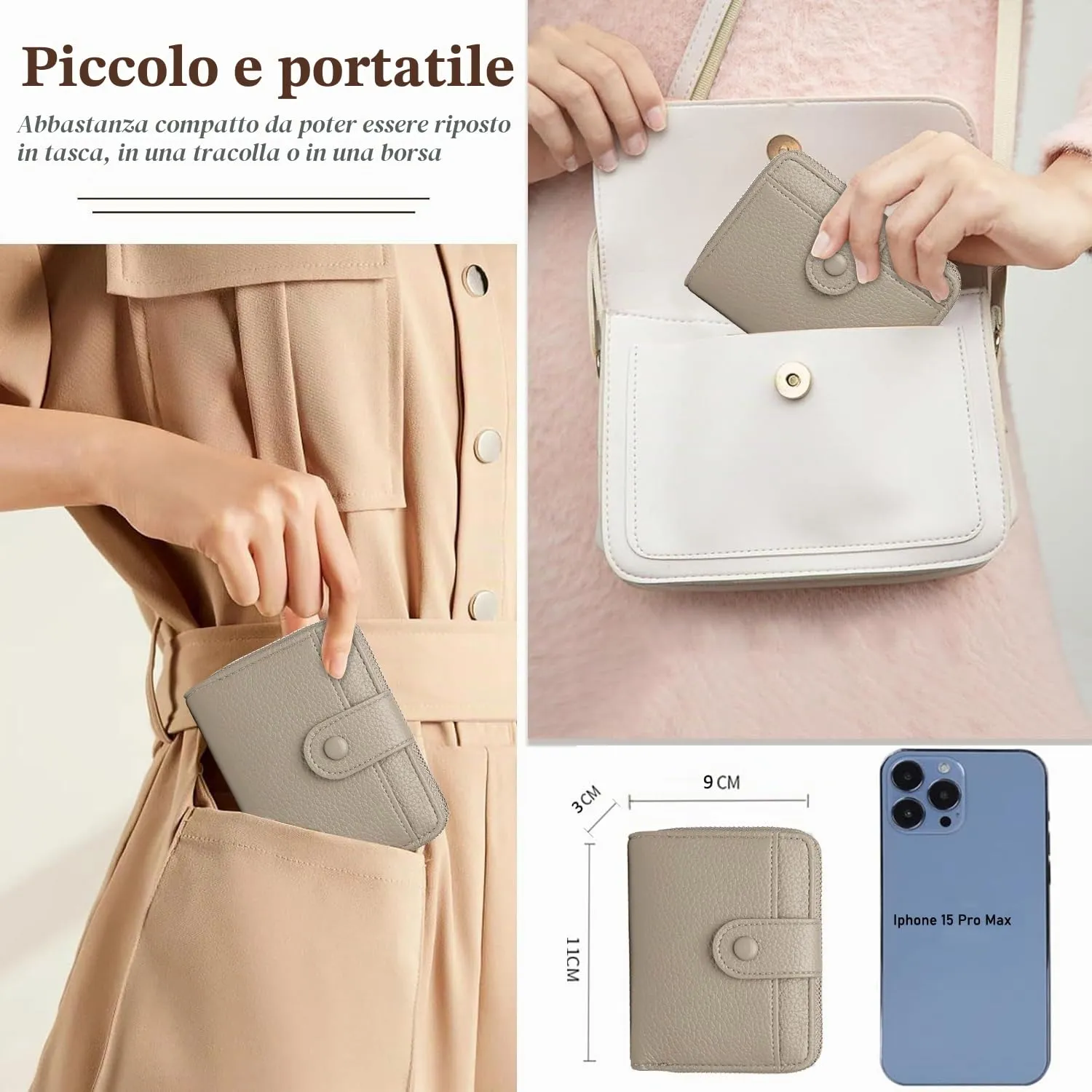 ANYWN Portafoglio Donna Piccolo in Pelle Morbida con Zip Portamonete, Grigio - immagine 4