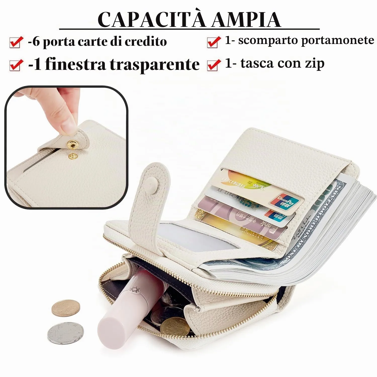 ANYWN Portafoglio Donna Piccolo in Pelle, Mini Portafoglio con Zip e Blocco RFID, Beige - immagine 2
