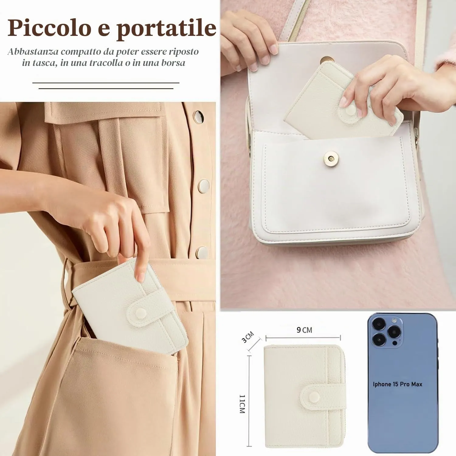 ANYWN Portafoglio Donna Piccolo in Pelle, Mini Portafoglio con Zip e Blocco RFID, Beige - immagine 4