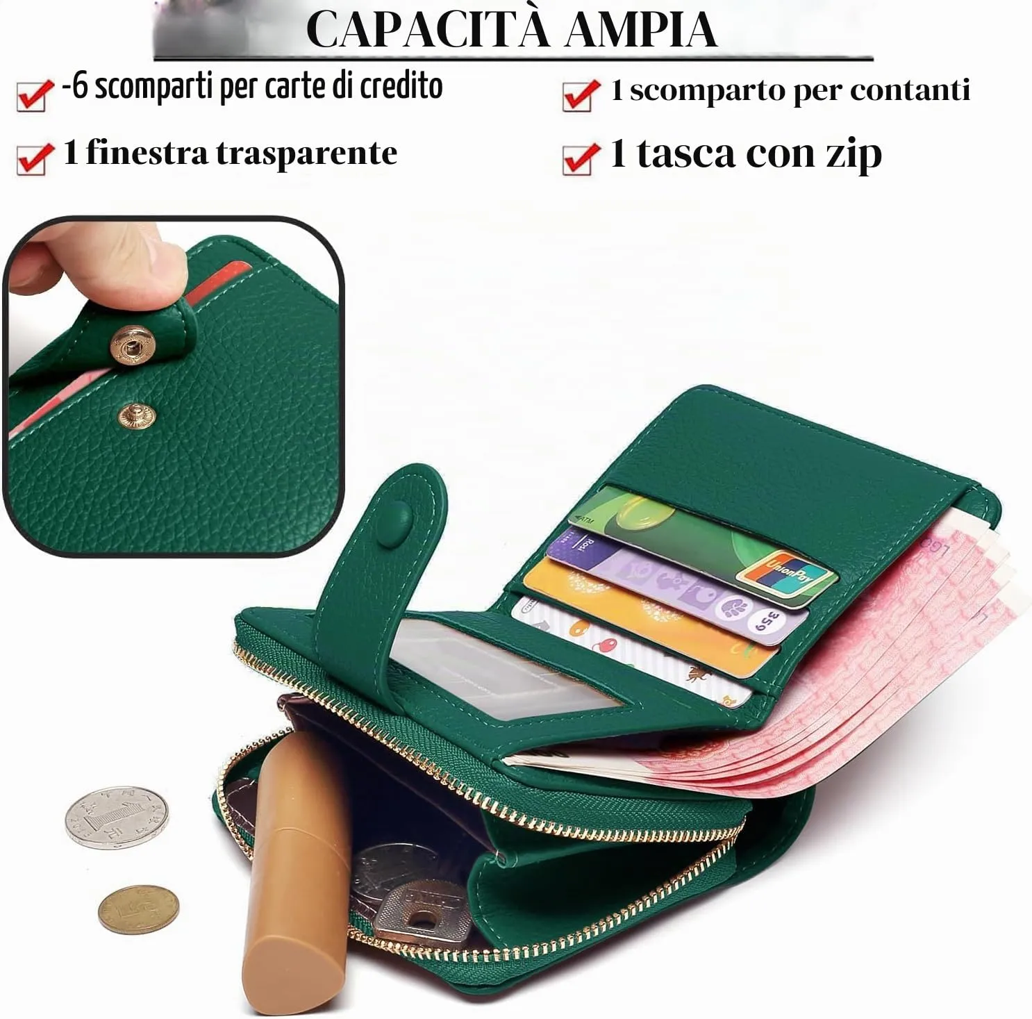 ANYWN Portafoglio Donna Piccolo in Pelle Morbida con Zip Portamonete, Verde Intenso - immagine 2