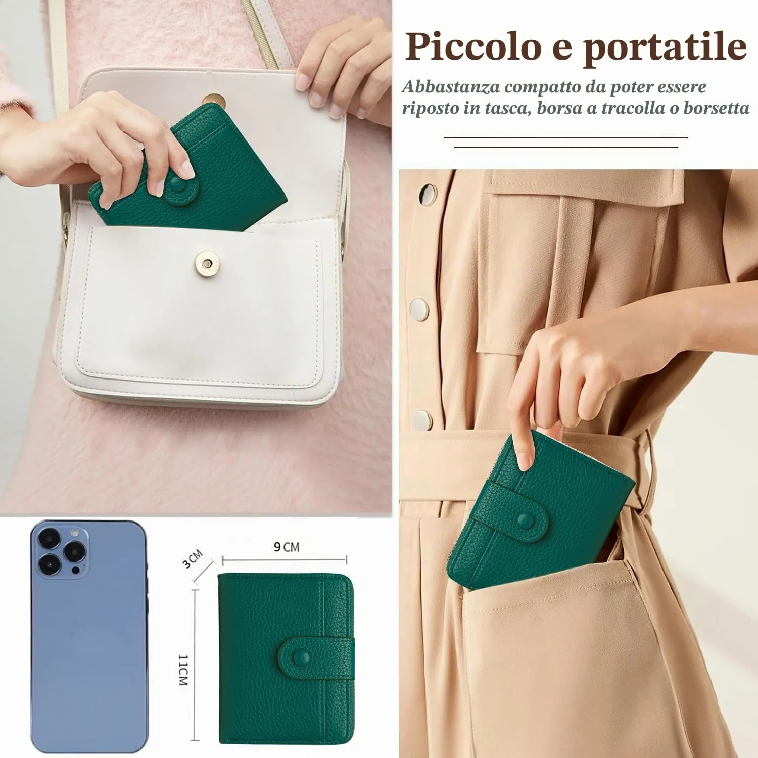 ANYWN Portafoglio Donna Piccolo in Pelle Morbida con Zip Portamonete, Verde Intenso - immagine 3