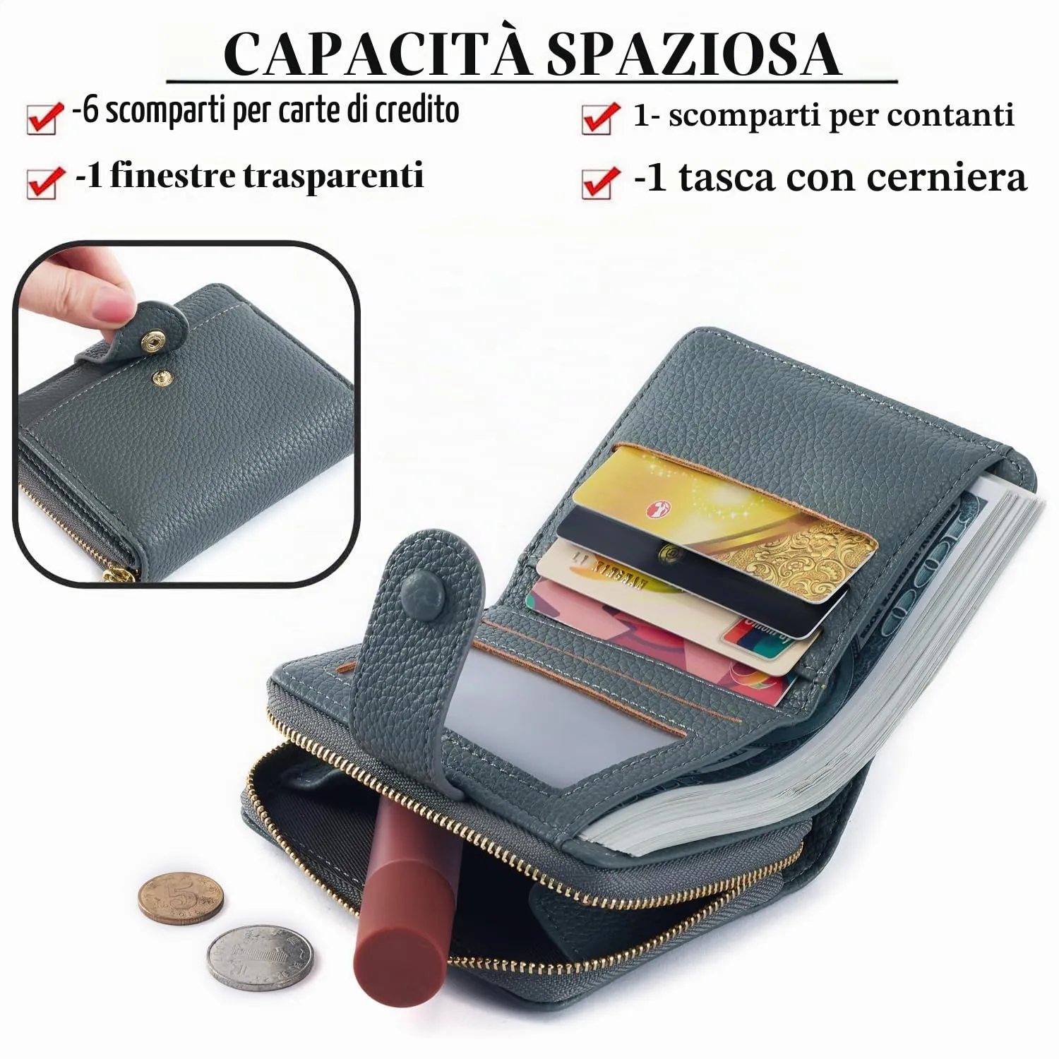 ANYWN Portafoglio Donna Piccolo in Pelle Morbida con Zip Portamonete, Grigio Blu - immagine 2
