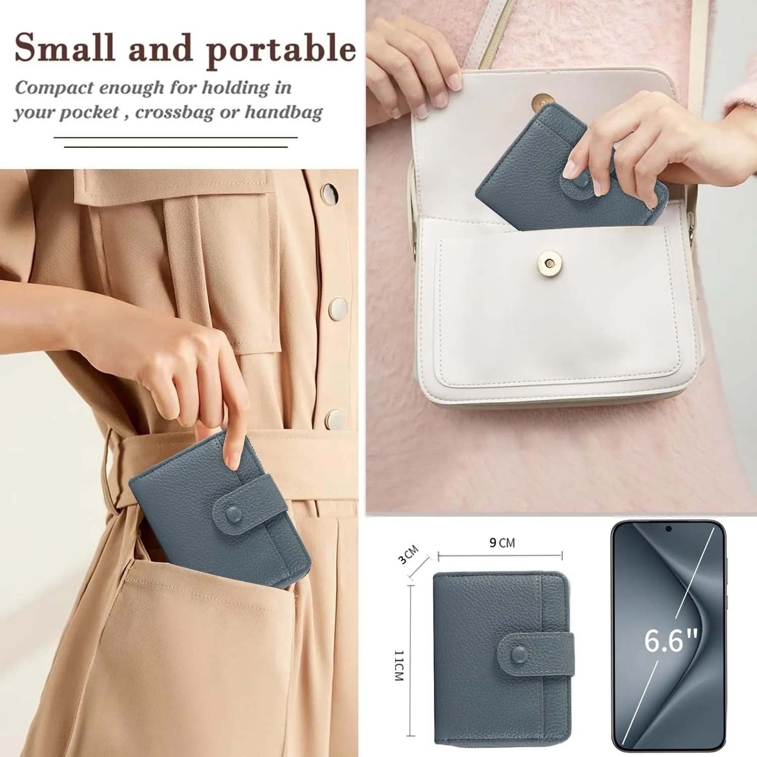 ANYWN Portafoglio Donna Piccolo in Pelle Morbida con Zip Portamonete, Grigio Blu - immagine 4