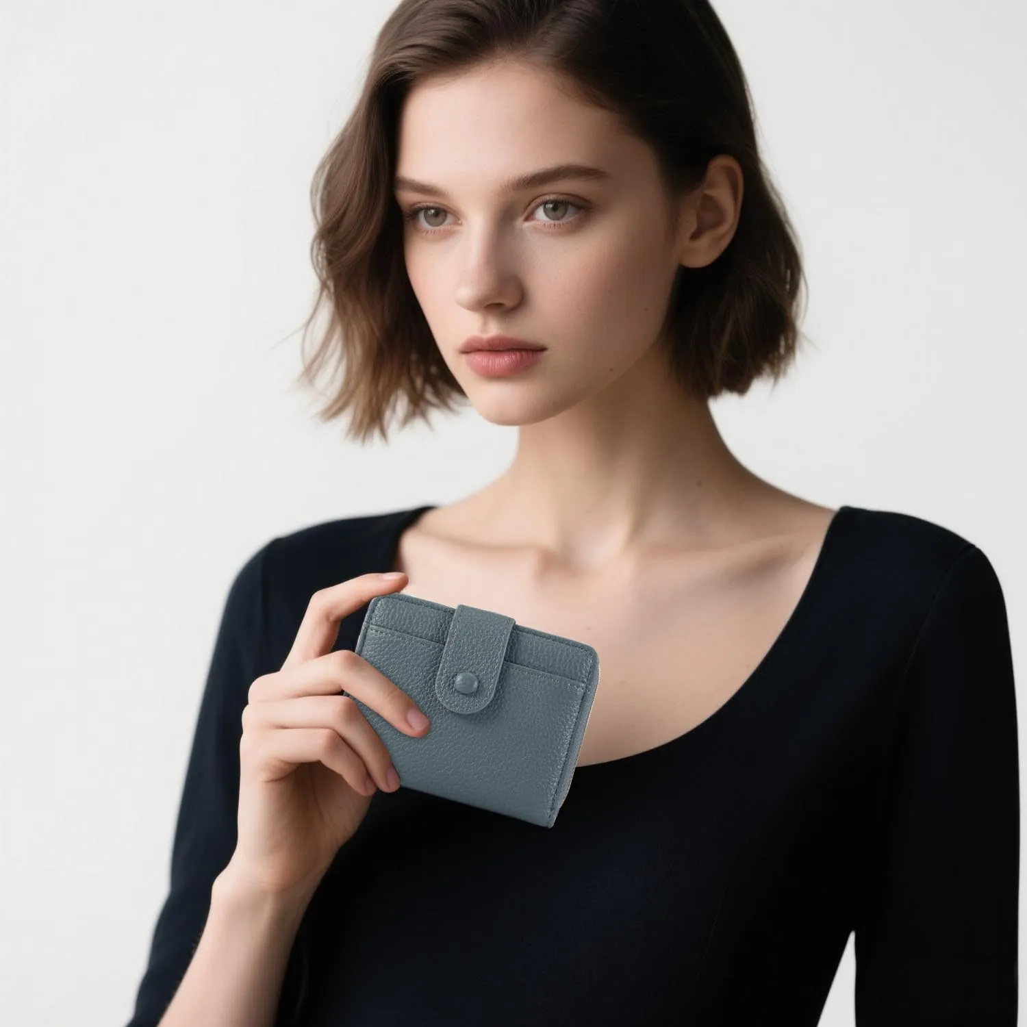 ANYWN Portafoglio Donna Piccolo in Pelle Morbida con Zip Portamonete, Grigio Blu - immagine 5