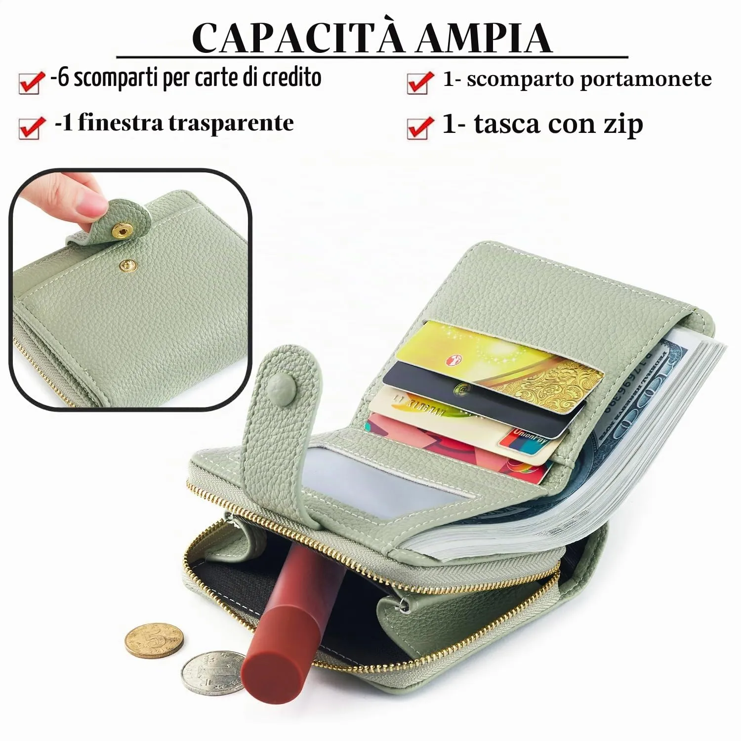 ANYWN Portafoglio Donna Piccolo in Pelle Morbida con RFID, Verde Chiaro - immagine 2