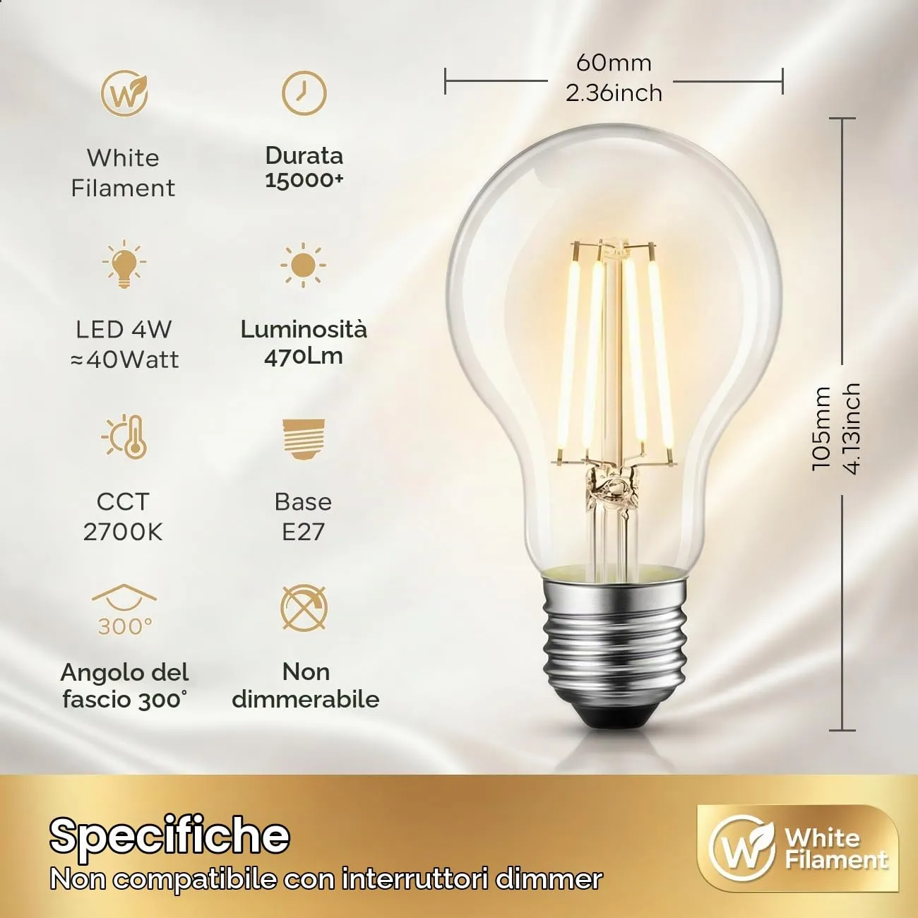 LVWIT Lampadine Filamento LED E27, Filamento Bianco, 4W (40W), 470LM, Luce Bianca Calda 2700K, Forma A60 Stile Vintage, Non Dimmerabile, CRI≥80, Confezione da 6 - immagine 6