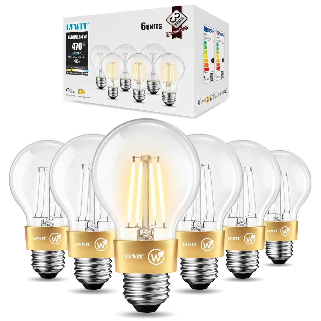 LVWIT Lampadine Filamento LED E27, Filamento Bianco, 4W (40W), 470LM, Luce Bianca Calda 2700K, Forma A60 Stile Vintage, Non Dimmerabile, CRI≥80, Confezione da 6 - immagine 8