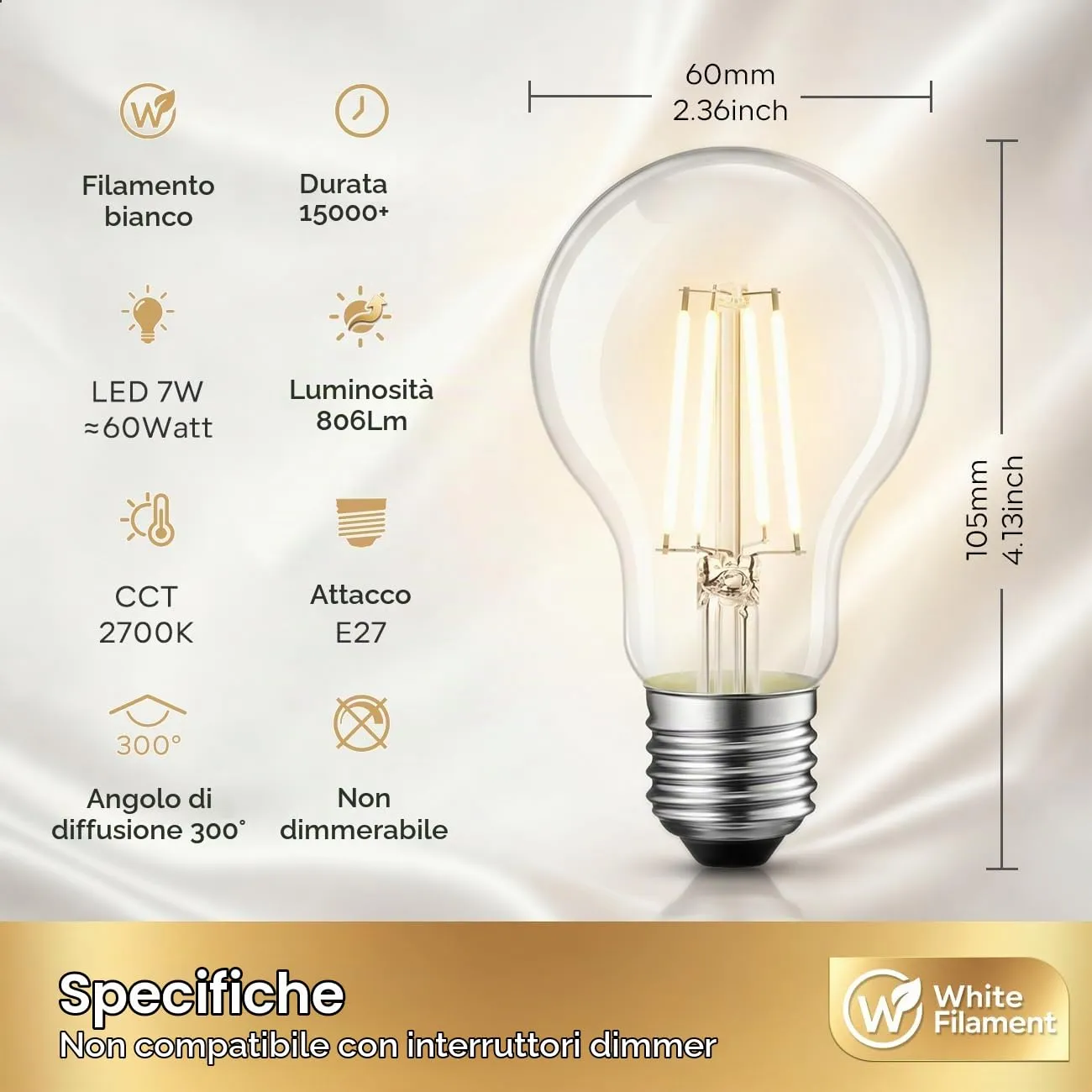 LVWIT Lampadine Filamento LED E27, 7W (60W), 806LM, 2700K, Forma A60 Vintage, Confezione da 6 - immagine 6