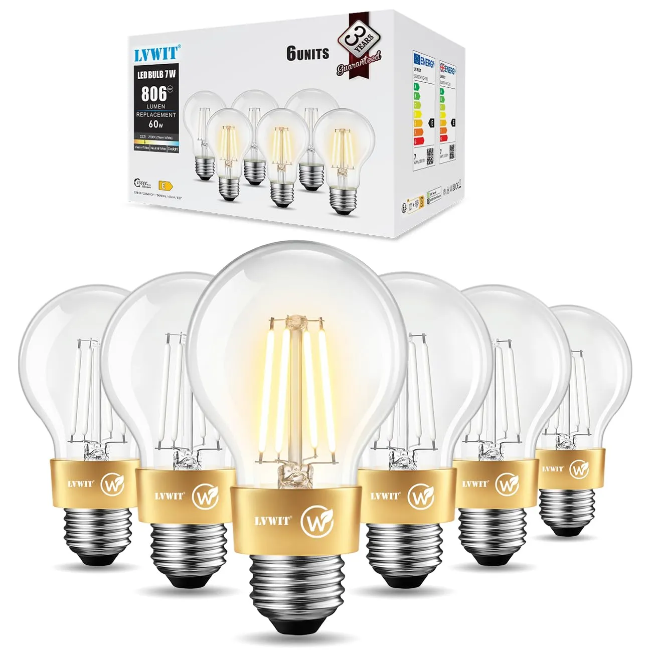 LVWIT Lampadine Filamento LED E27, 7W (60W), 806LM, 2700K, Forma A60 Vintage, Confezione da 6 - immagine 8