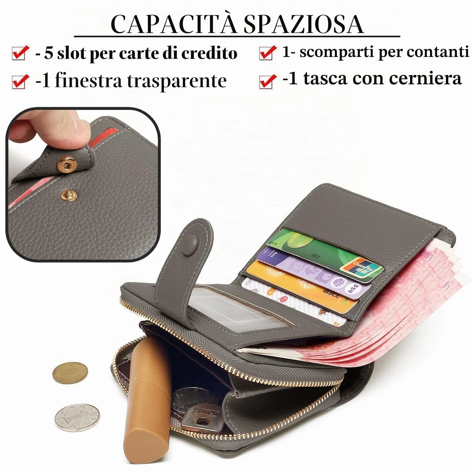 ANYWN Portafoglio da Donna in Pelle Morbida, Mini con Cerniera Portamonete, Grigio Scuro, 11 x 3 x 9 cm - immagine 2