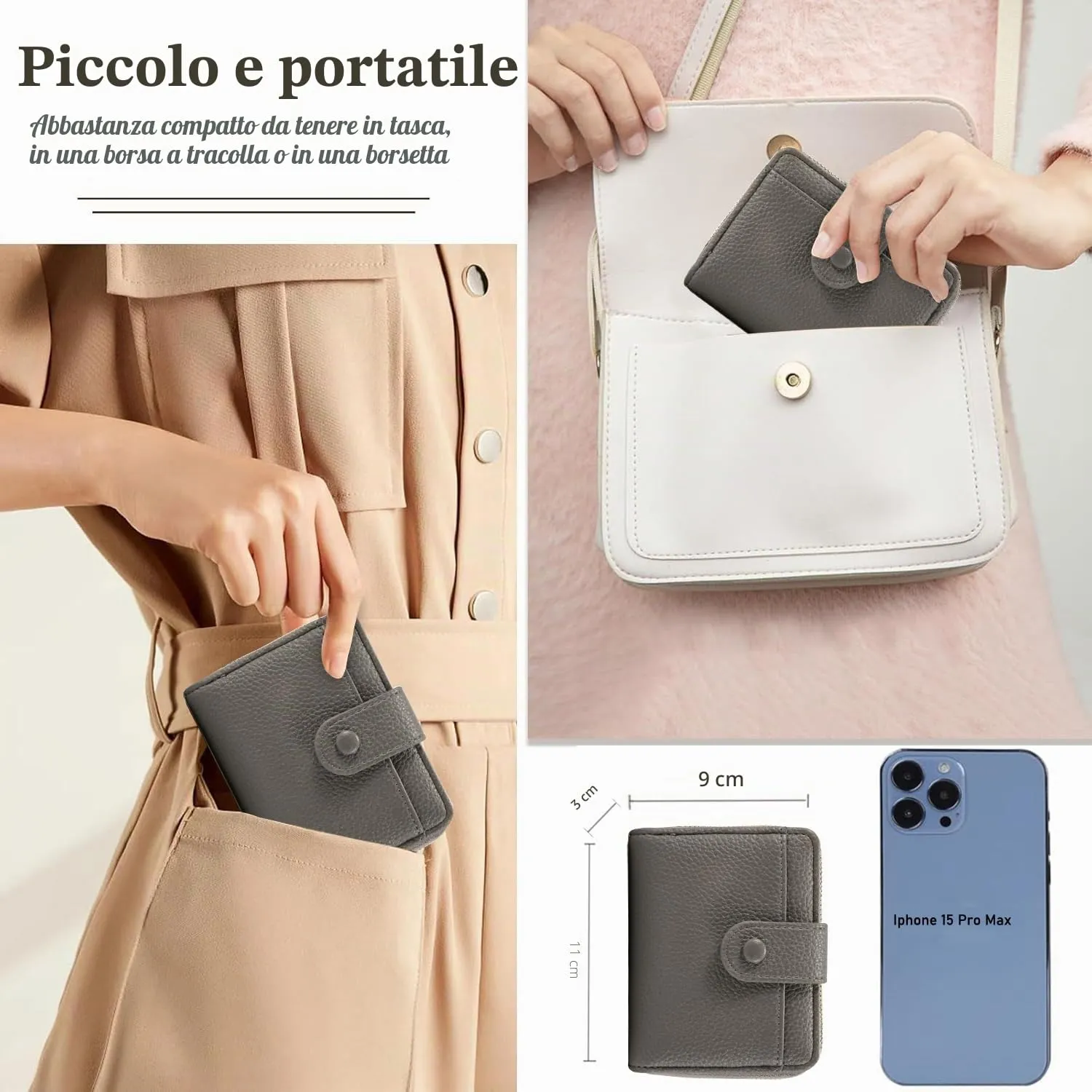 ANYWN Portafoglio da Donna in Pelle Morbida, Mini con Cerniera Portamonete, Grigio Scuro, 11 x 3 x 9 cm - immagine 3