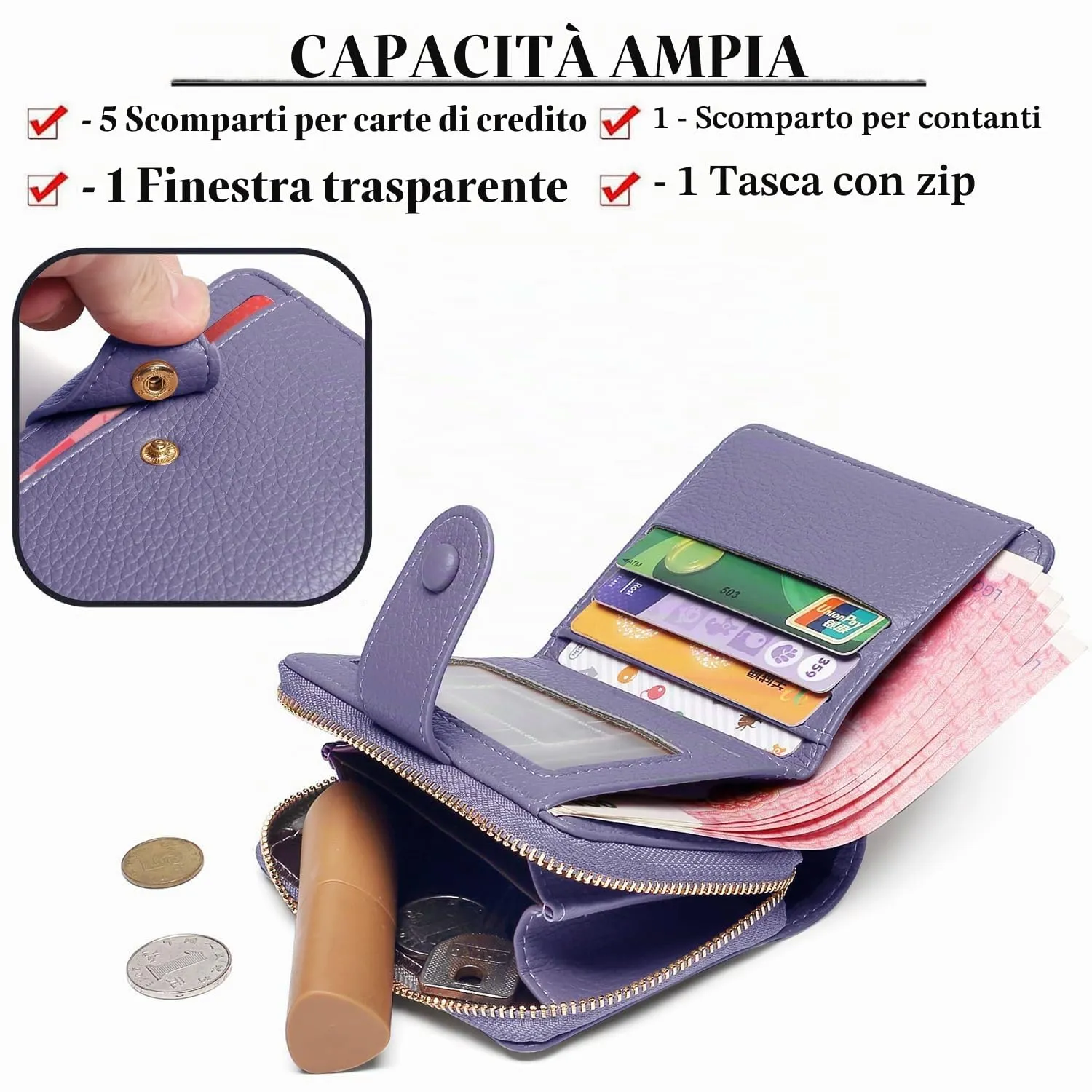 ANYWN Portafoglio da donna in pelle morbida, mini con cerniera portamonete, Lilla, 11 x 3 x 9 cm - immagine 2