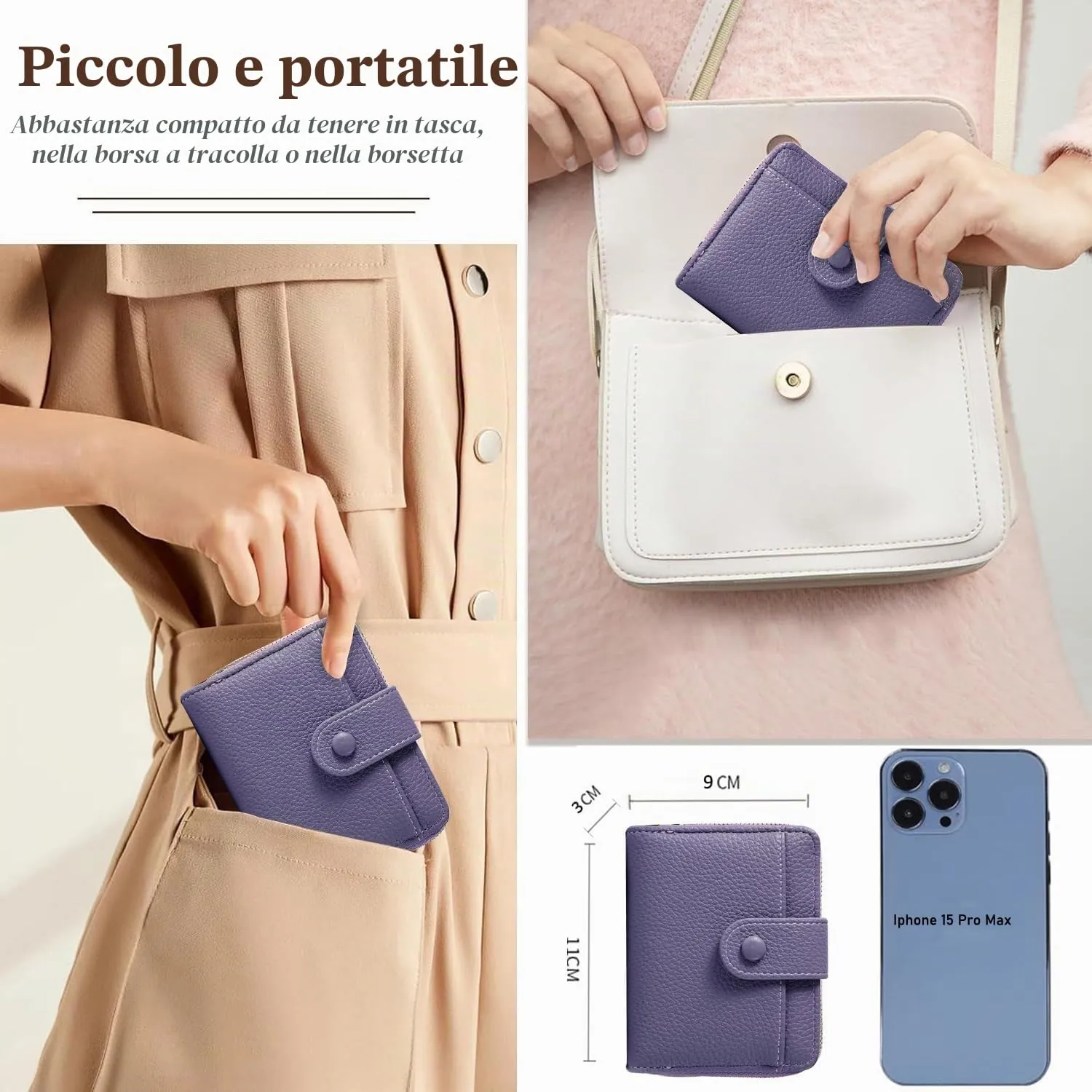 ANYWN Portafoglio da donna in pelle morbida, mini con cerniera portamonete, Lilla, 11 x 3 x 9 cm - immagine 3