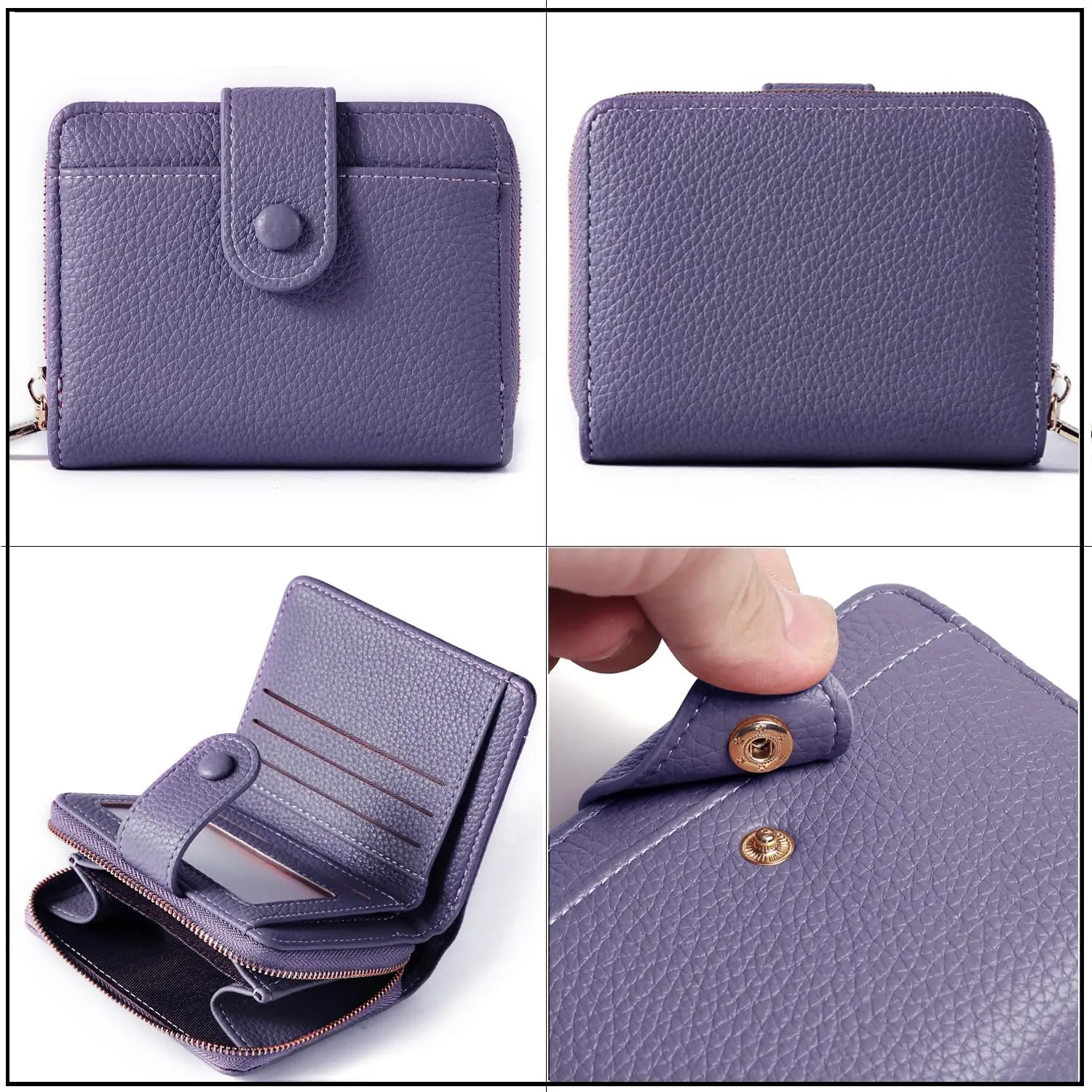 ANYWN Portafoglio da donna in pelle morbida, mini con cerniera portamonete, Lilla, 11 x 3 x 9 cm - immagine 4
