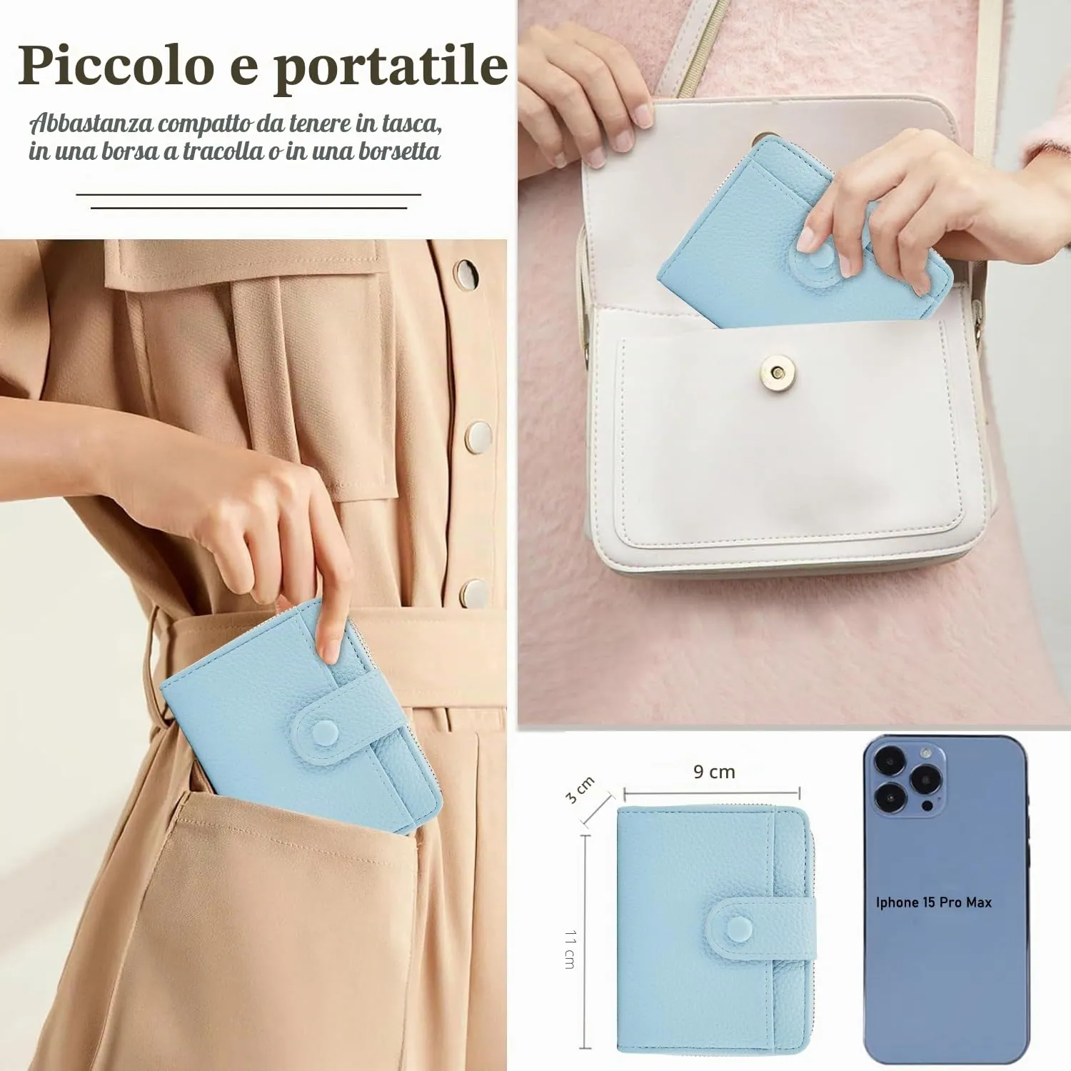 ANYWN Portafoglio da donna piccolo in pelle morbida, mini portafoglio con cerniera portamonete, Azzurro - immagine 3