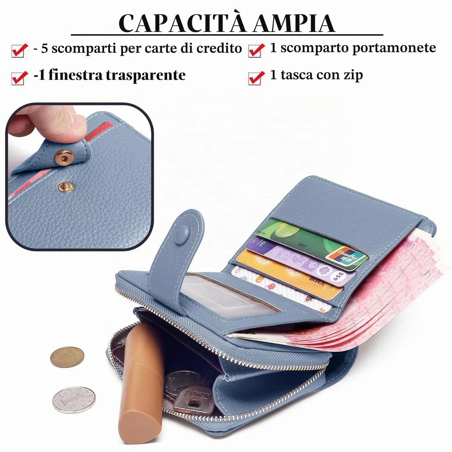 ANYWN Portafoglio da donna in pelle morbida, mini portafoglio con cerniera portamonete, Blu, 11 x 3 x 9 cm - immagine 2