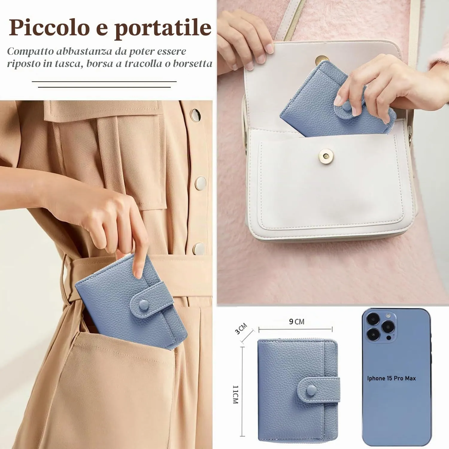 ANYWN Portafoglio da donna in pelle morbida, mini portafoglio con cerniera portamonete, Blu, 11 x 3 x 9 cm - immagine 3