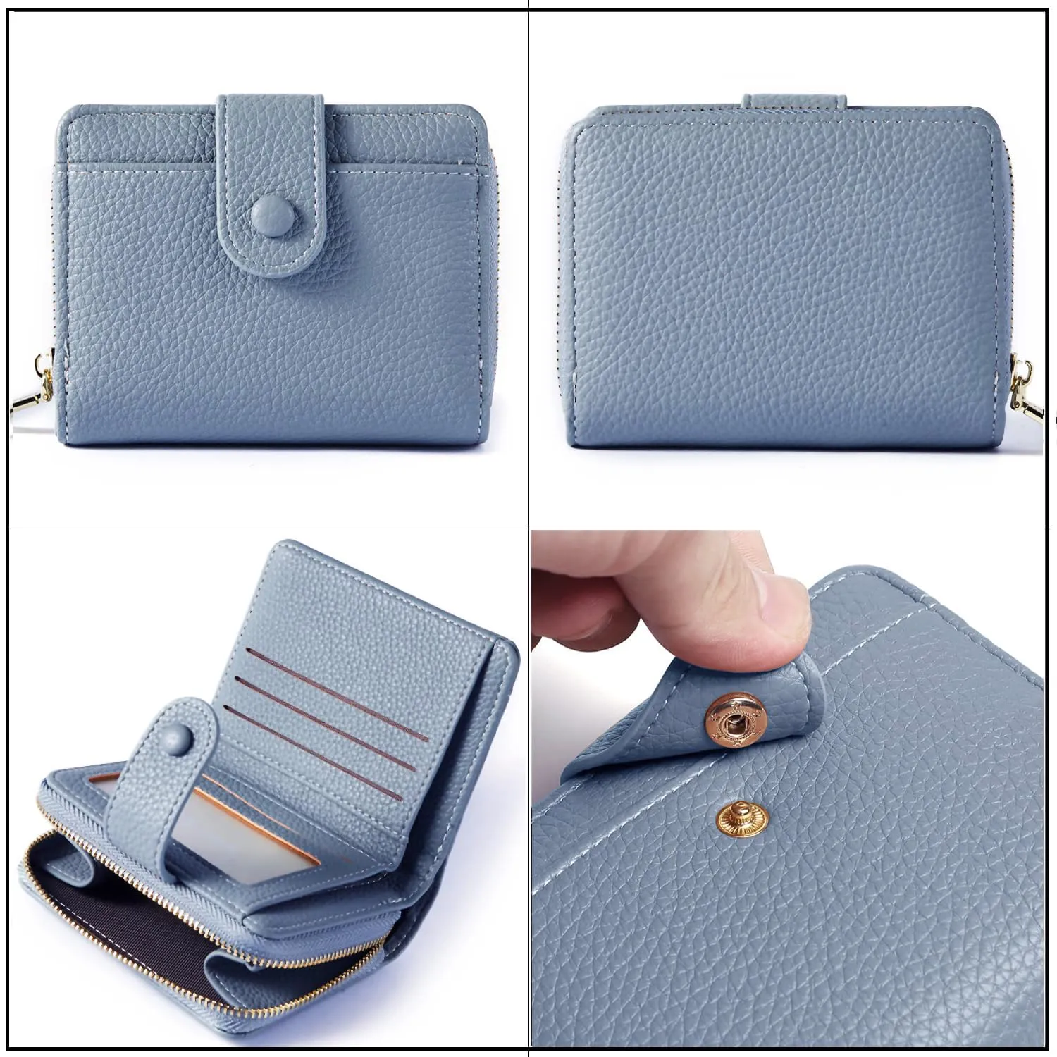 ANYWN Portafoglio da donna in pelle morbida, mini portafoglio con cerniera portamonete, Blu, 11 x 3 x 9 cm - immagine 4