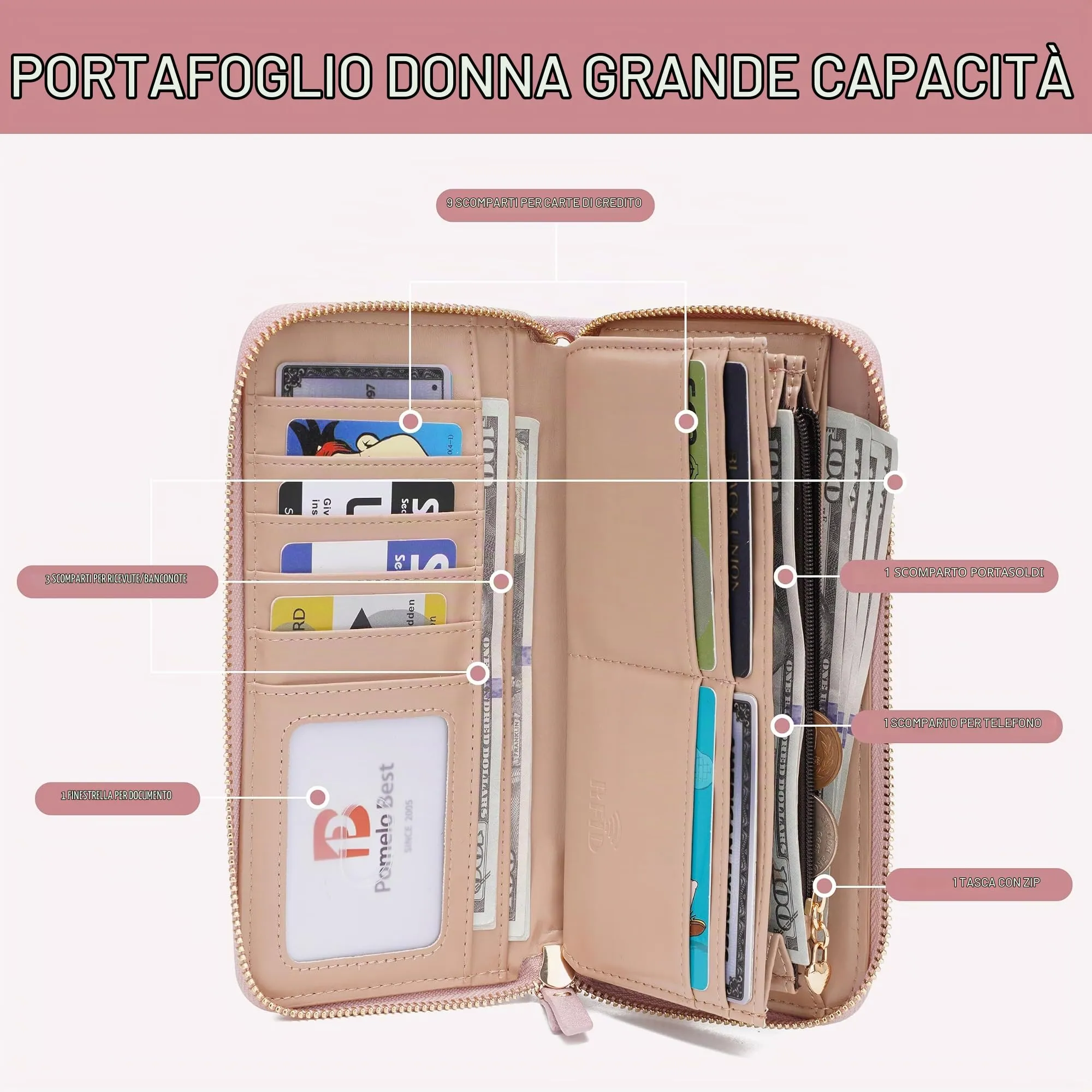 Pomelo Best Portafoglio in Pelle Donna Stampato Magnolia RFID - immagine 4