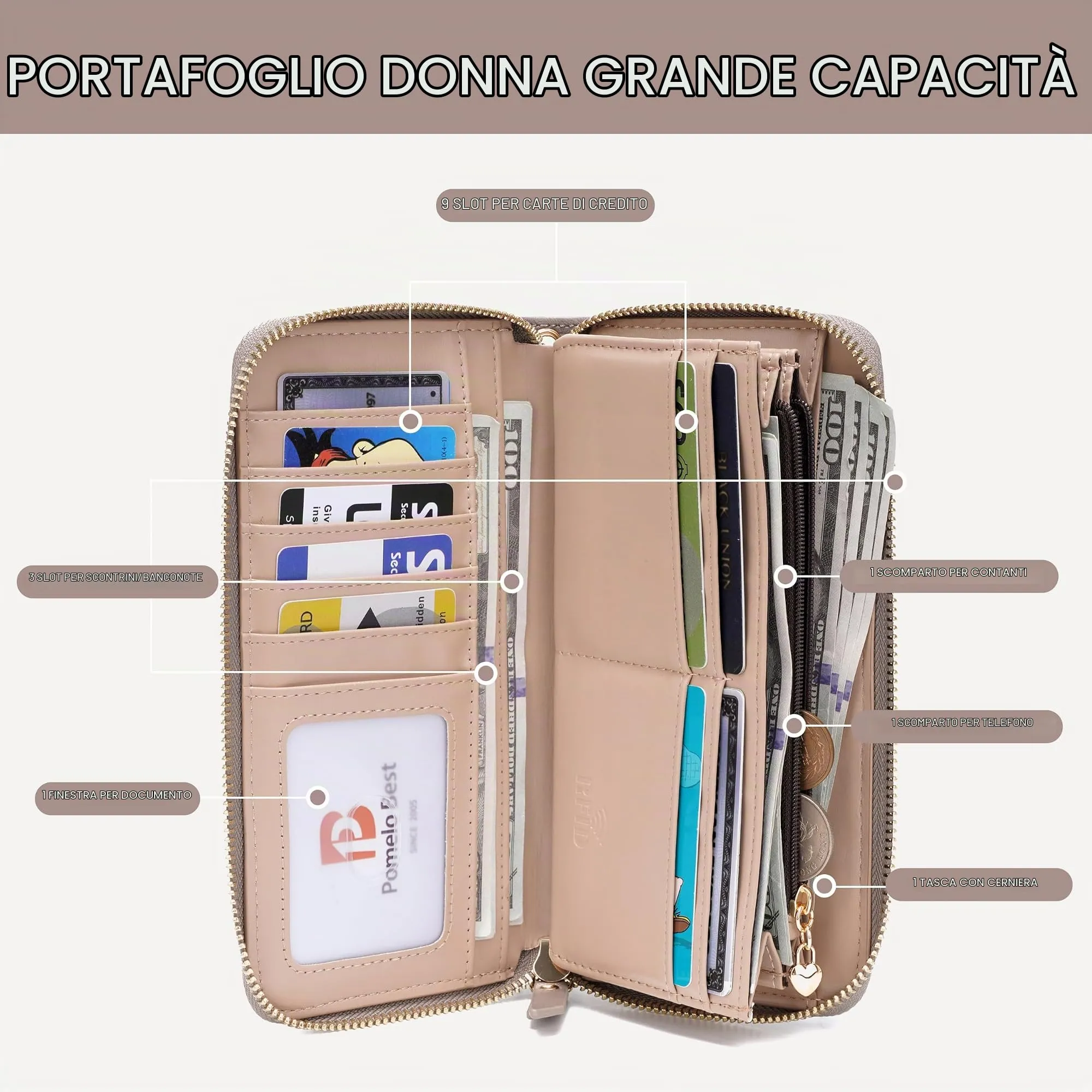Pomelo Best Portafoglio in Pelle Donna Stampato Magnolia RFID - immagine 4