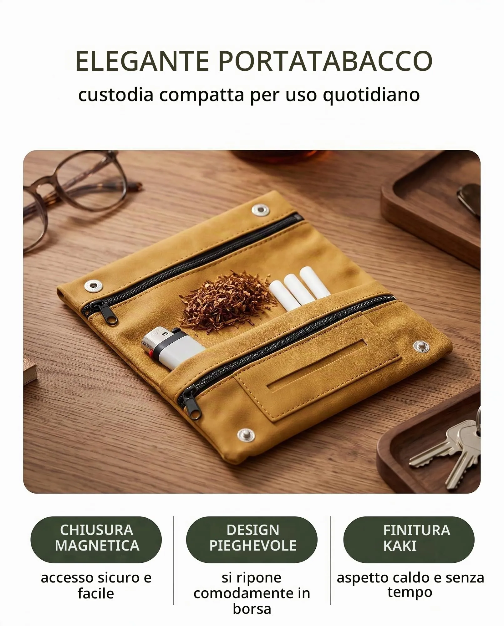 DLPRK Porta Tabacco in Pelle con Chiusura Magnetica, Cachi - immagine 2