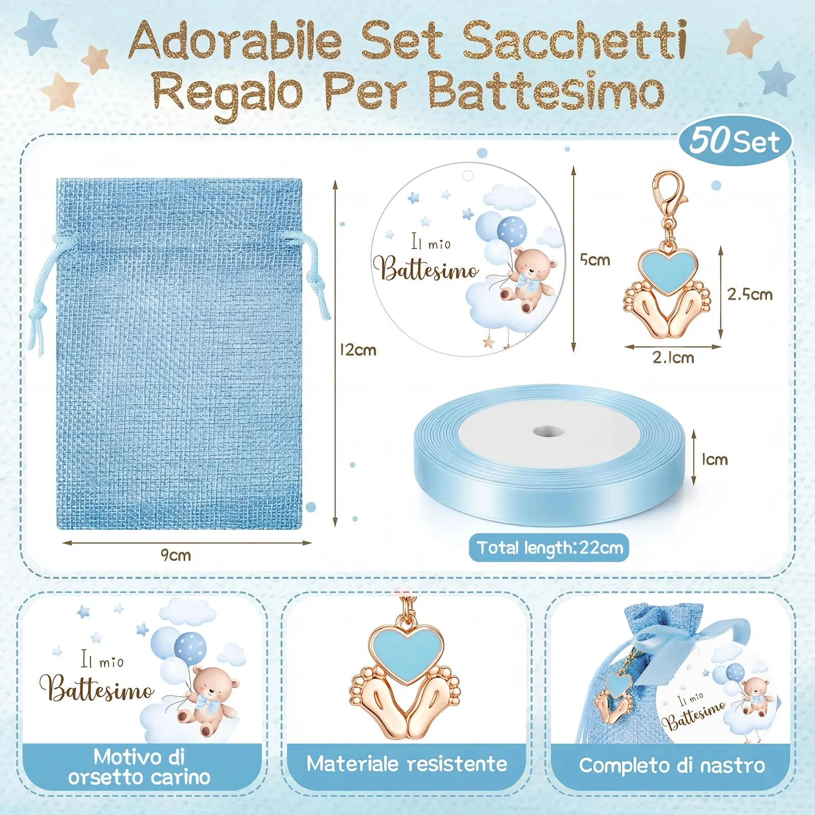 BBTO Set Bomboniere per Battesimo, Orso Blu, 50 Set - immagine 3