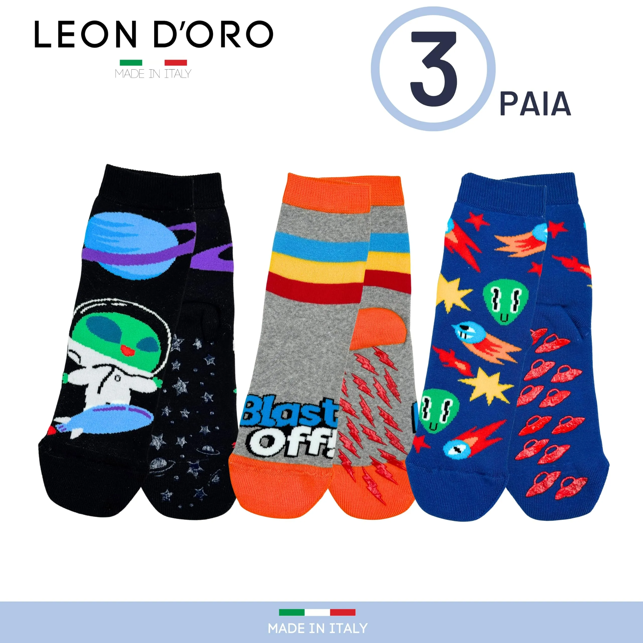 LEON D'ORO Calzini Bambino Antiscivolo in Cotone, 3 Paia, 35-40, Made in Italy - immagine 4