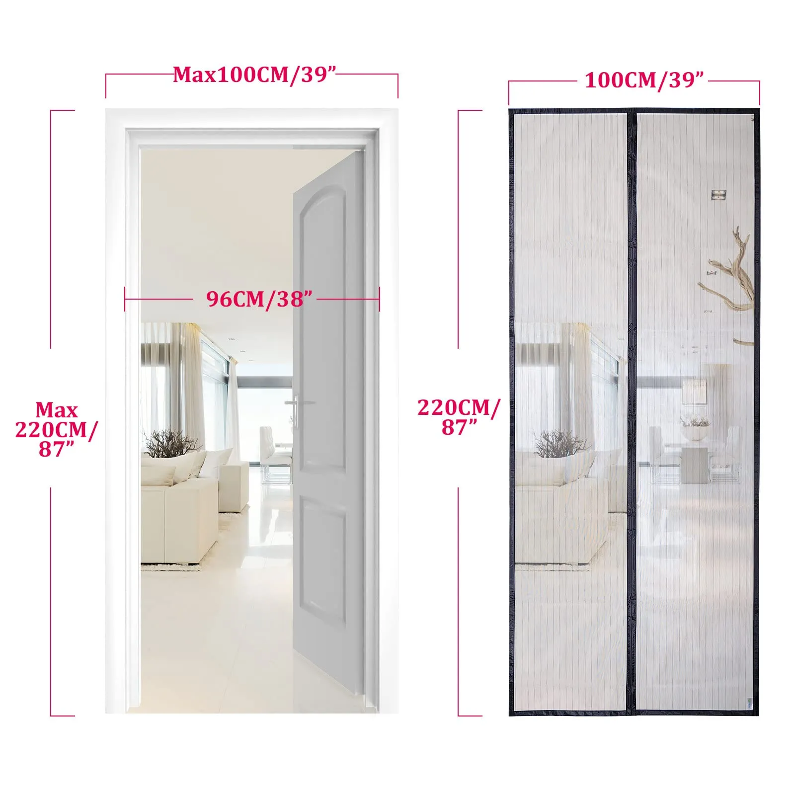 Apalus Zanzariera con Magneti per Porte, 100 x 220 cm, Nero - immagine 4