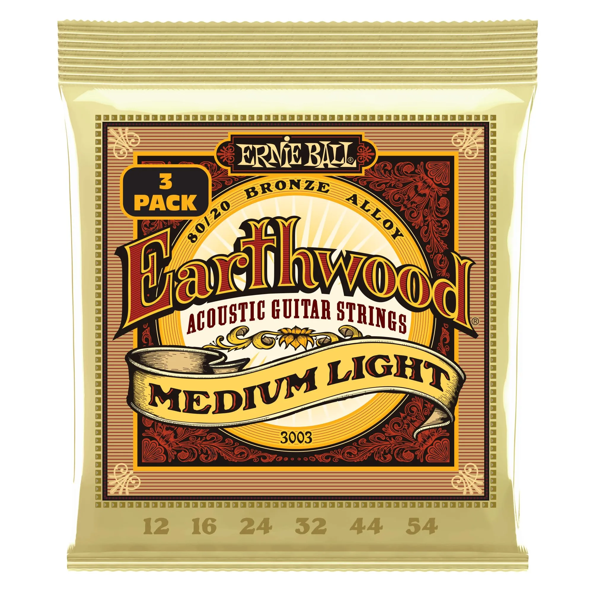 Ernie Ball Earthwood Medium Light 80/20 Bronze Acoustic Guitar Strings, 12-54, 3-Pack - immagine 1