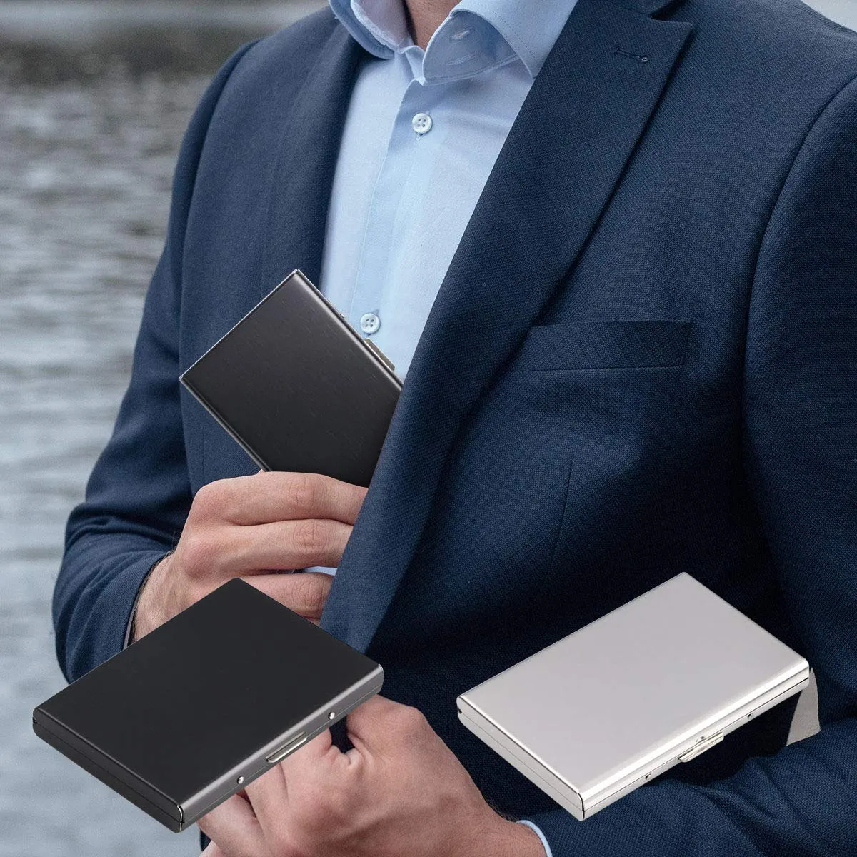 Vicloon Porta Carte di Credito in Acciaio Inossidabile Anti RFID e NFC, 2 Pezzi, Argento e Nero - immagine 7