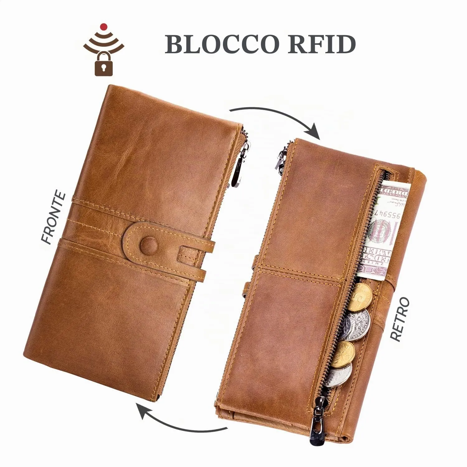 Roulens Portafogli da donna in vera pelle con protezione RFID e cerniera - immagine 4