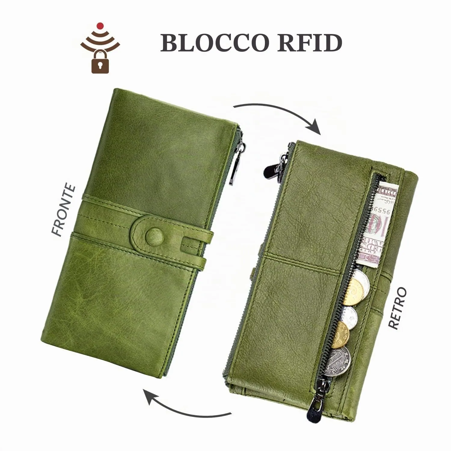 Roulens Portafogli da Donna in Vera Pelle RFID con Cerniera e Scomparto per Cellulare - immagine 3