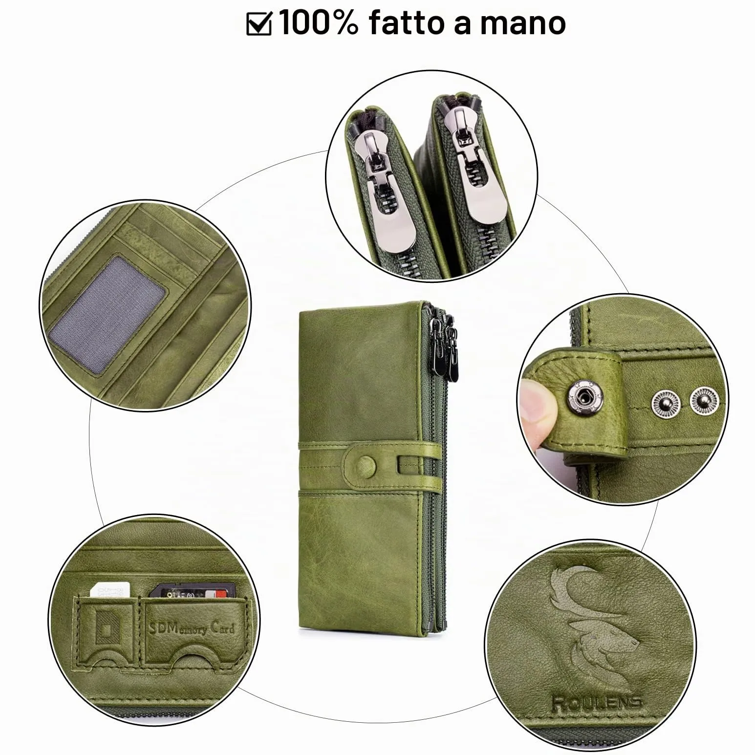 Roulens Portafogli da Donna in Vera Pelle RFID con Cerniera e Scomparto per Cellulare - immagine 5
