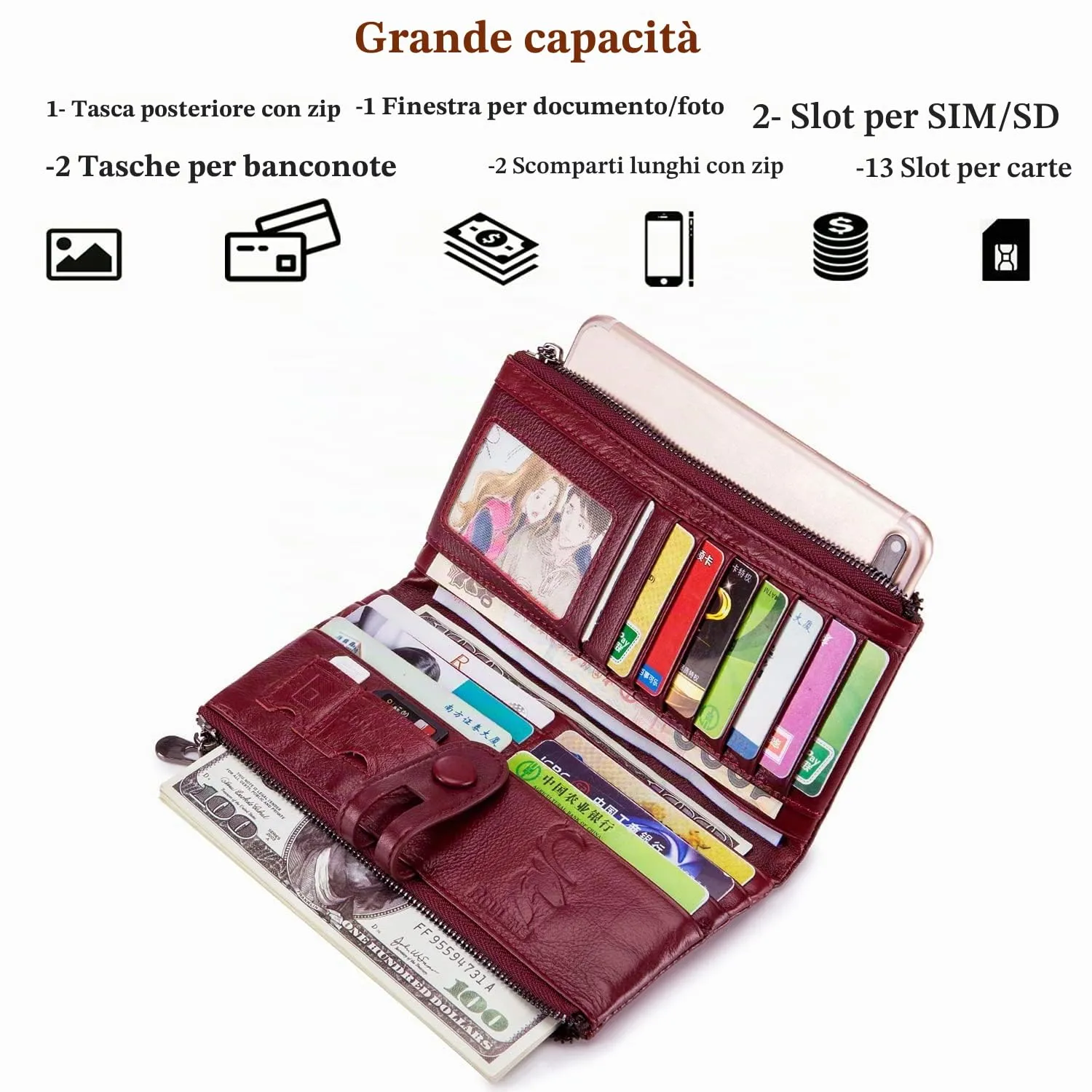 Roulens Portafoglio da donna in vera pelle con RFID e cerniera - immagine 2